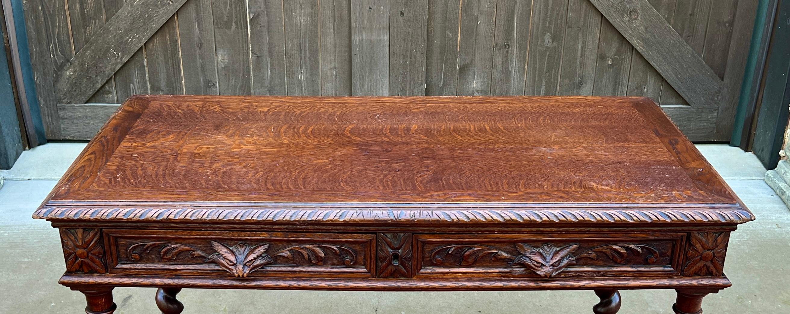 Antique French Desk Table Renaissance Revival Barley Twist Carved Tiger Oak 19C For Sale 7