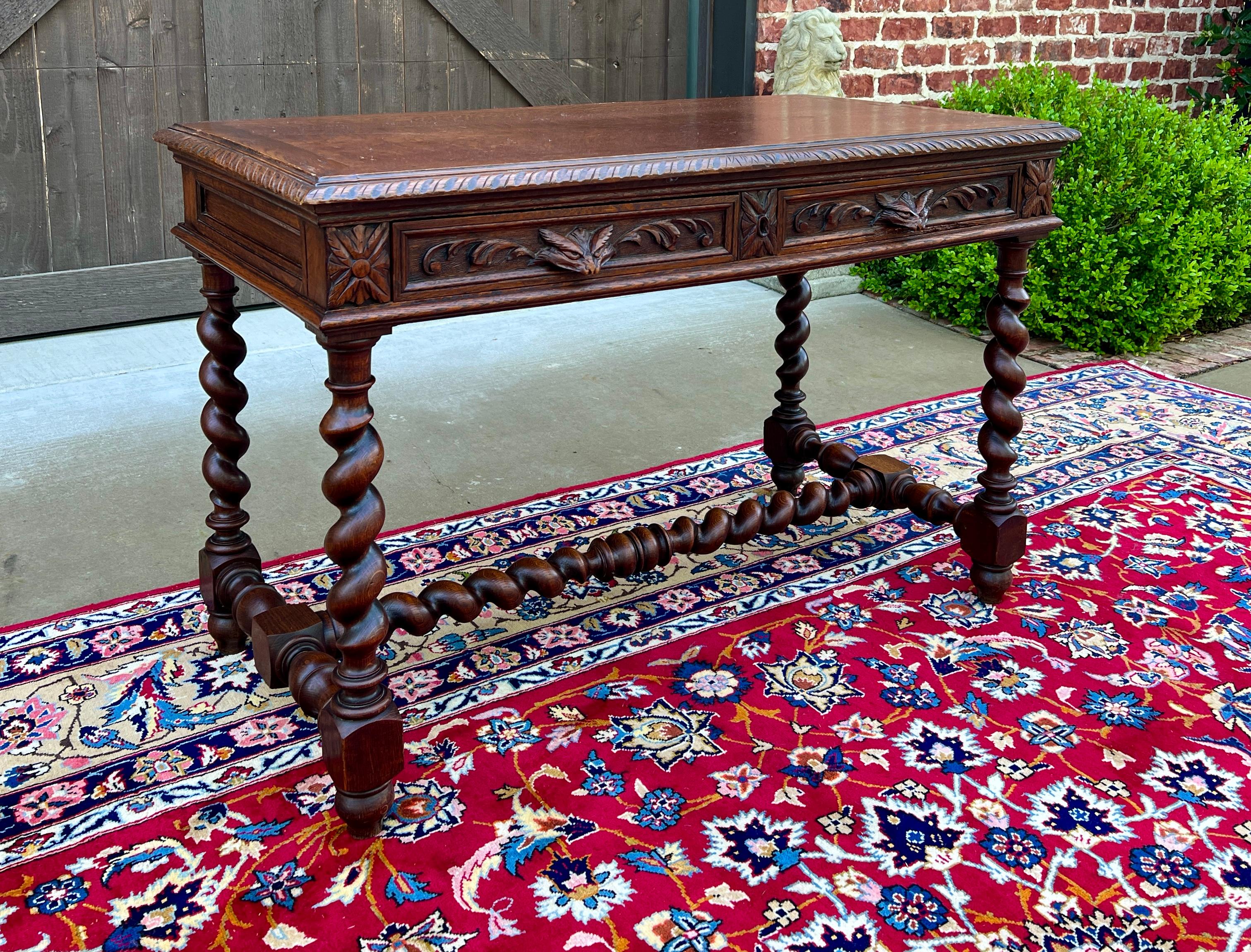 Antique French Desk Table Renaissance Revival Barley Twist Carved Tiger Oak 19C For Sale 8