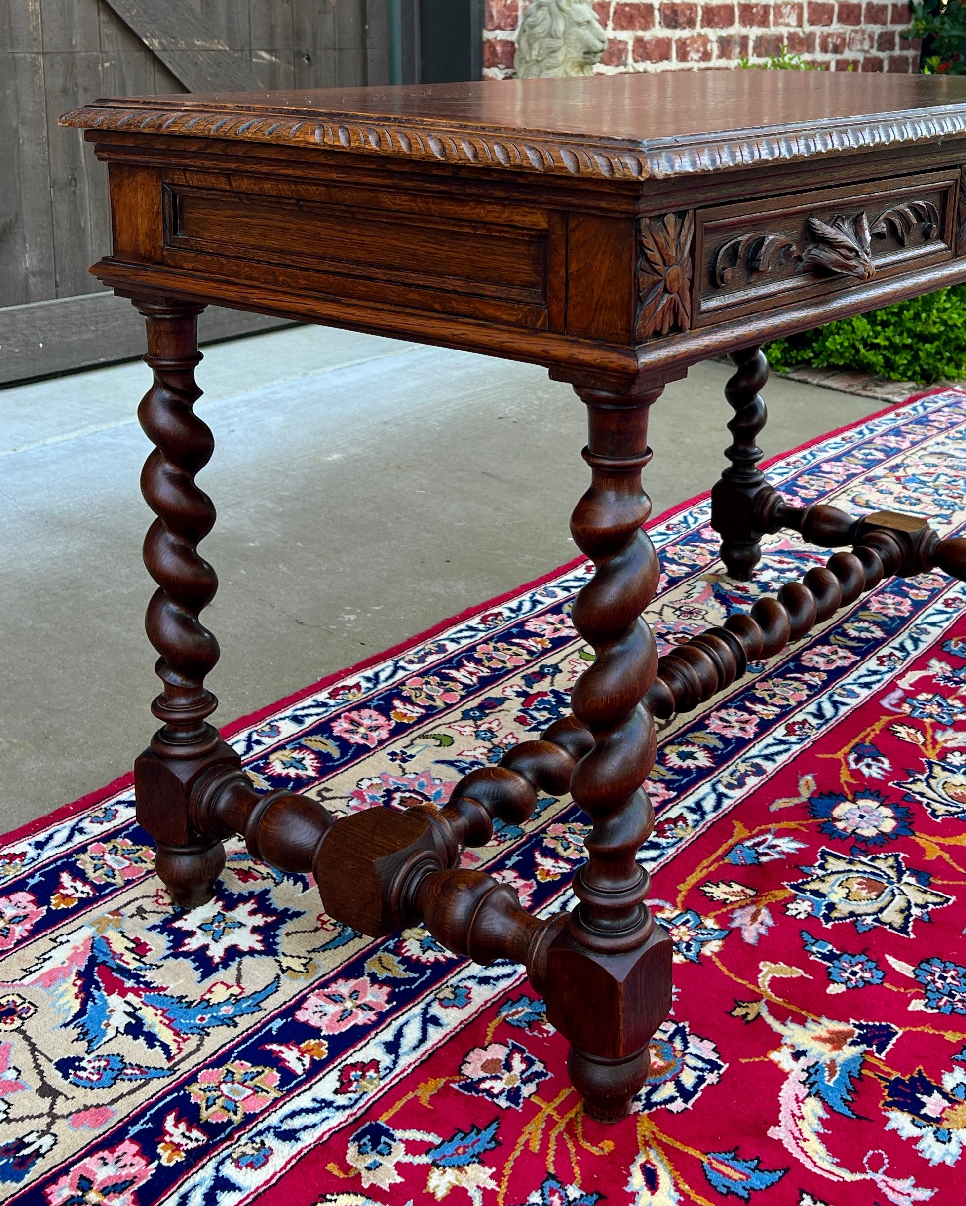 Antique French Desk Table Renaissance Revival Barley Twist Carved Tiger Oak 19C 9