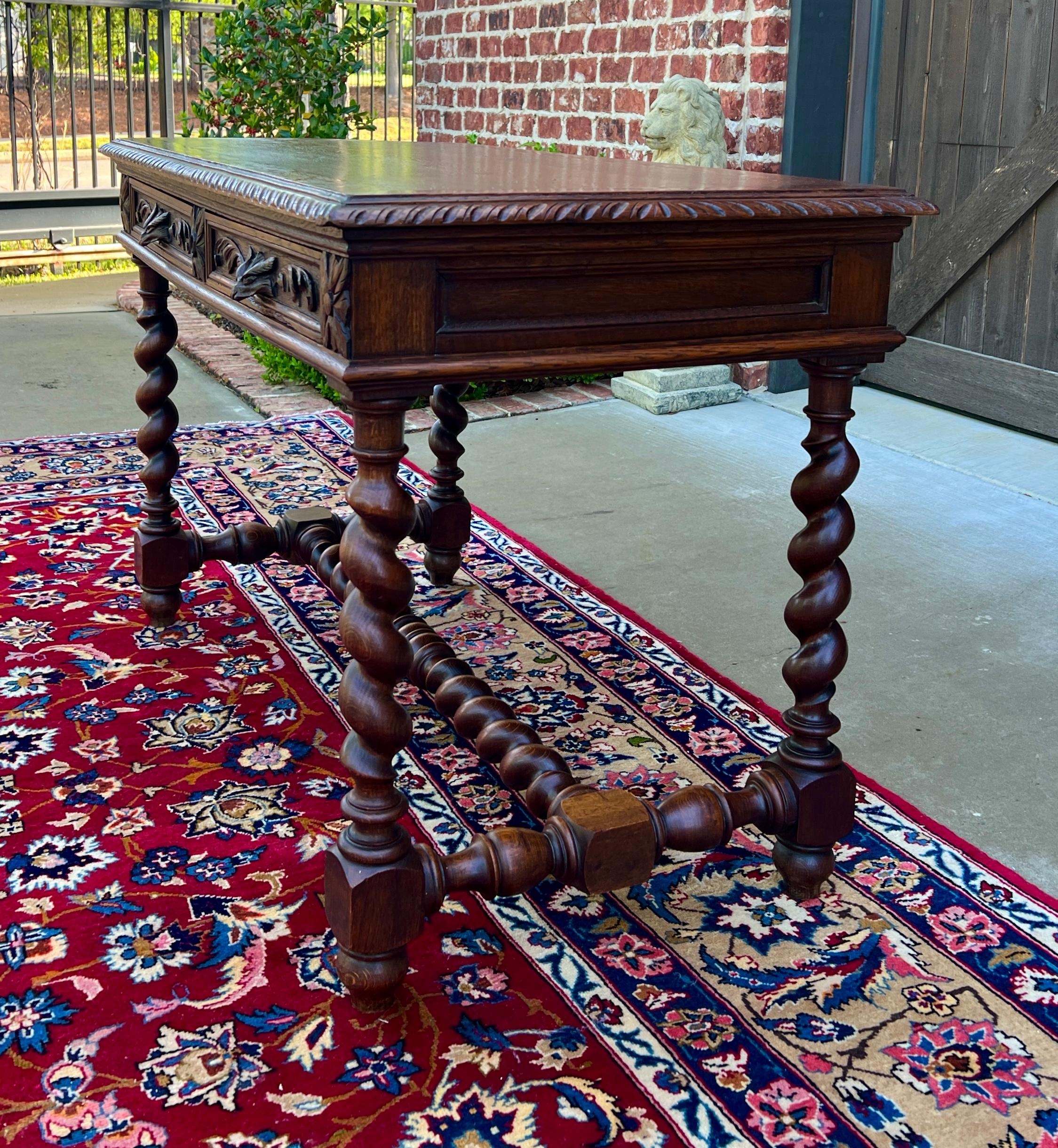 Antique French Desk Table Renaissance Revival Barley Twist Carved Tiger Oak 19C 10