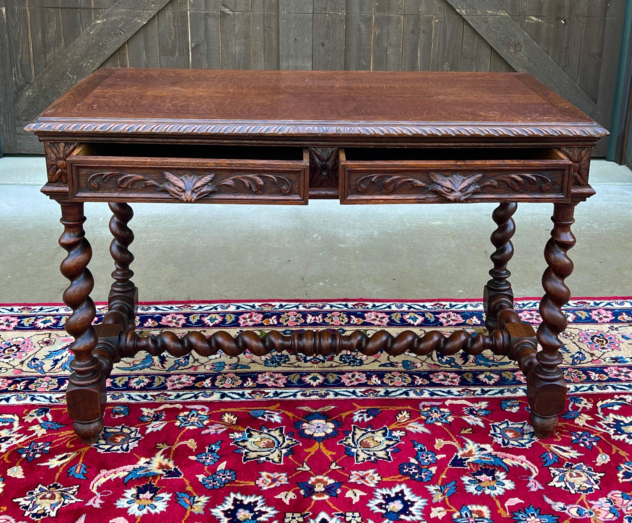Antique French Desk Table Renaissance Revival Barley Twist Carved Tiger Oak 19C 11