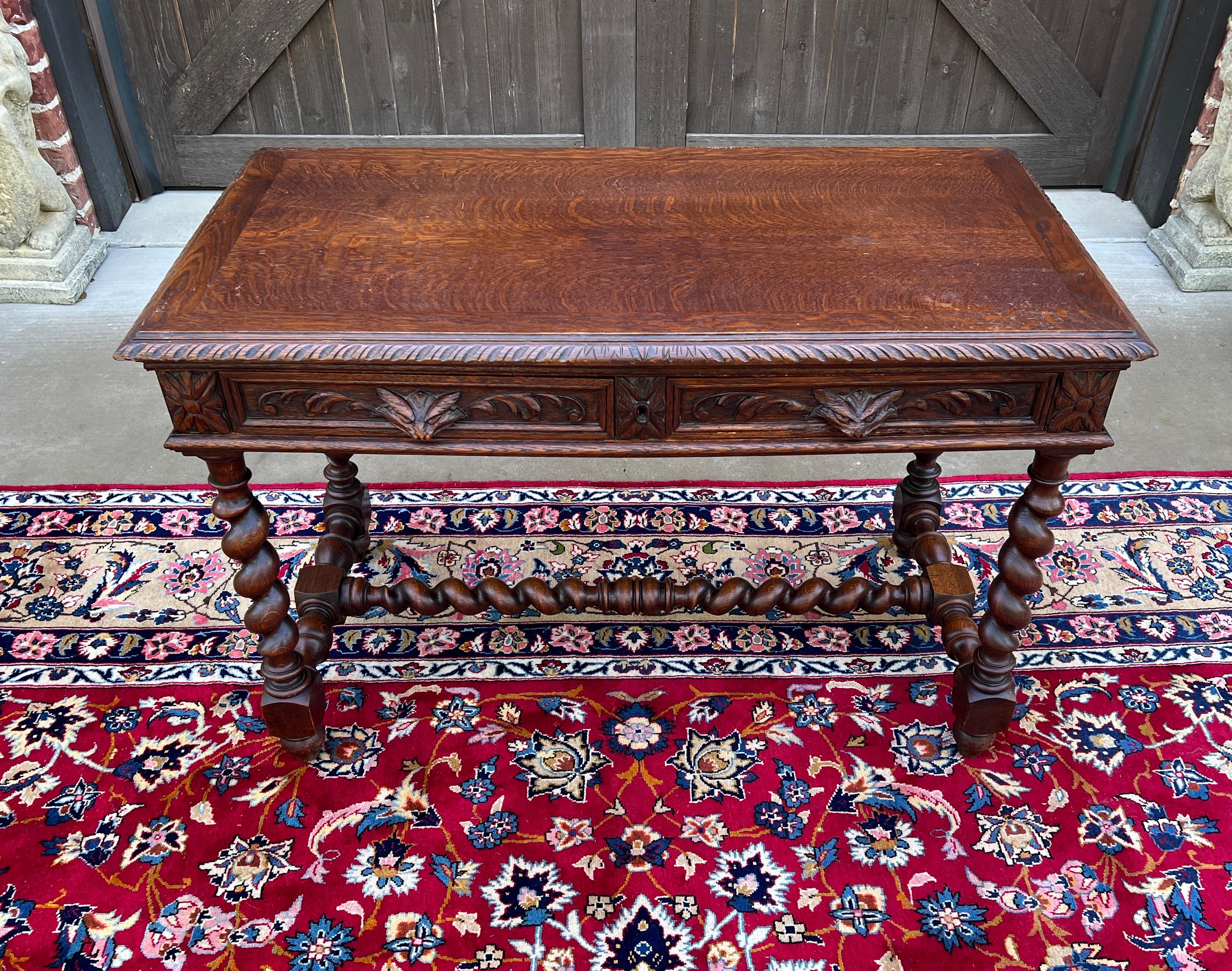 Antique French Desk Table Renaissance Revival Barley Twist Carved Tiger Oak 19C For Sale 12