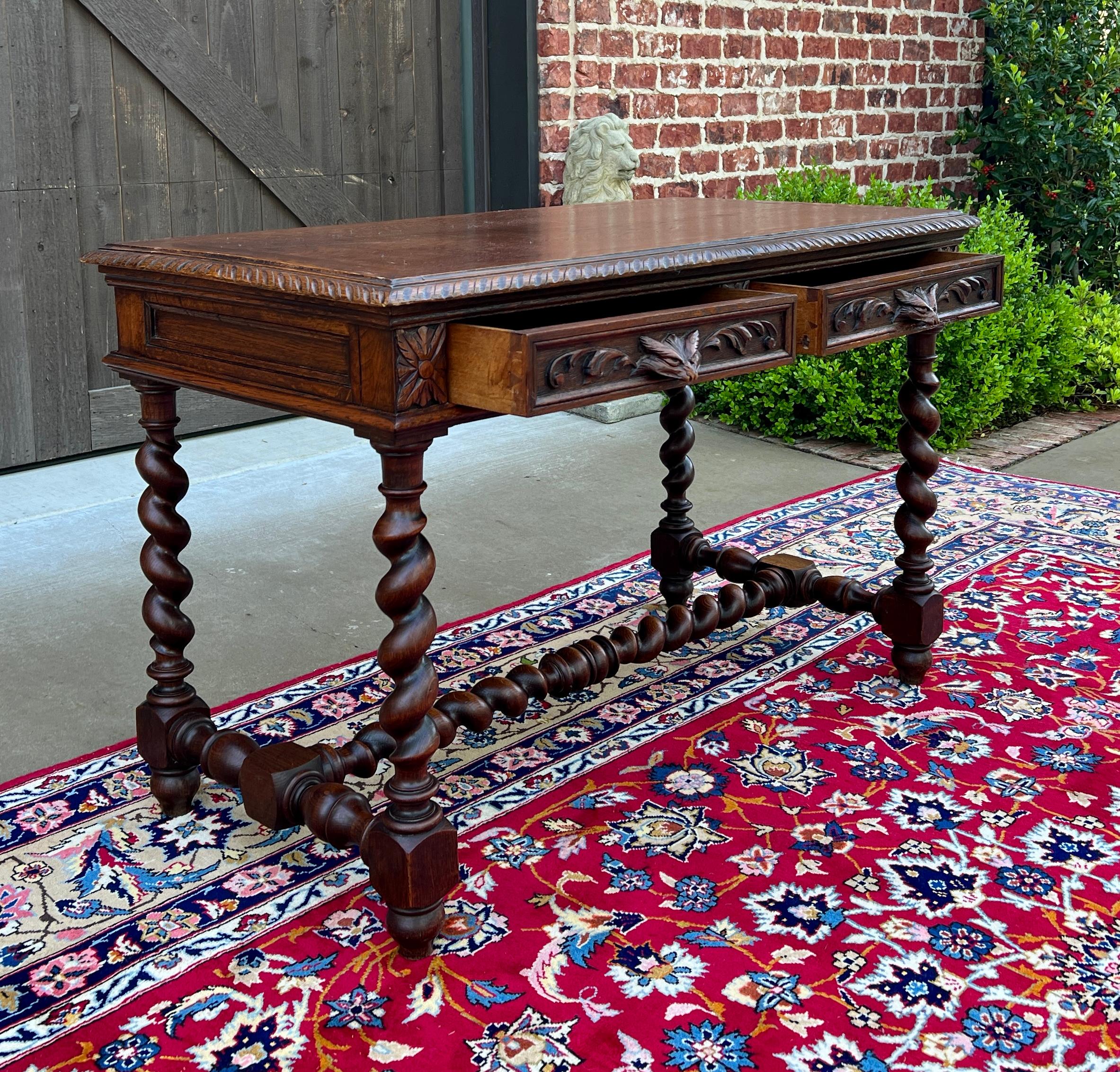 Antique French Desk Table Renaissance Revival Barley Twist Carved Tiger Oak 19C 12