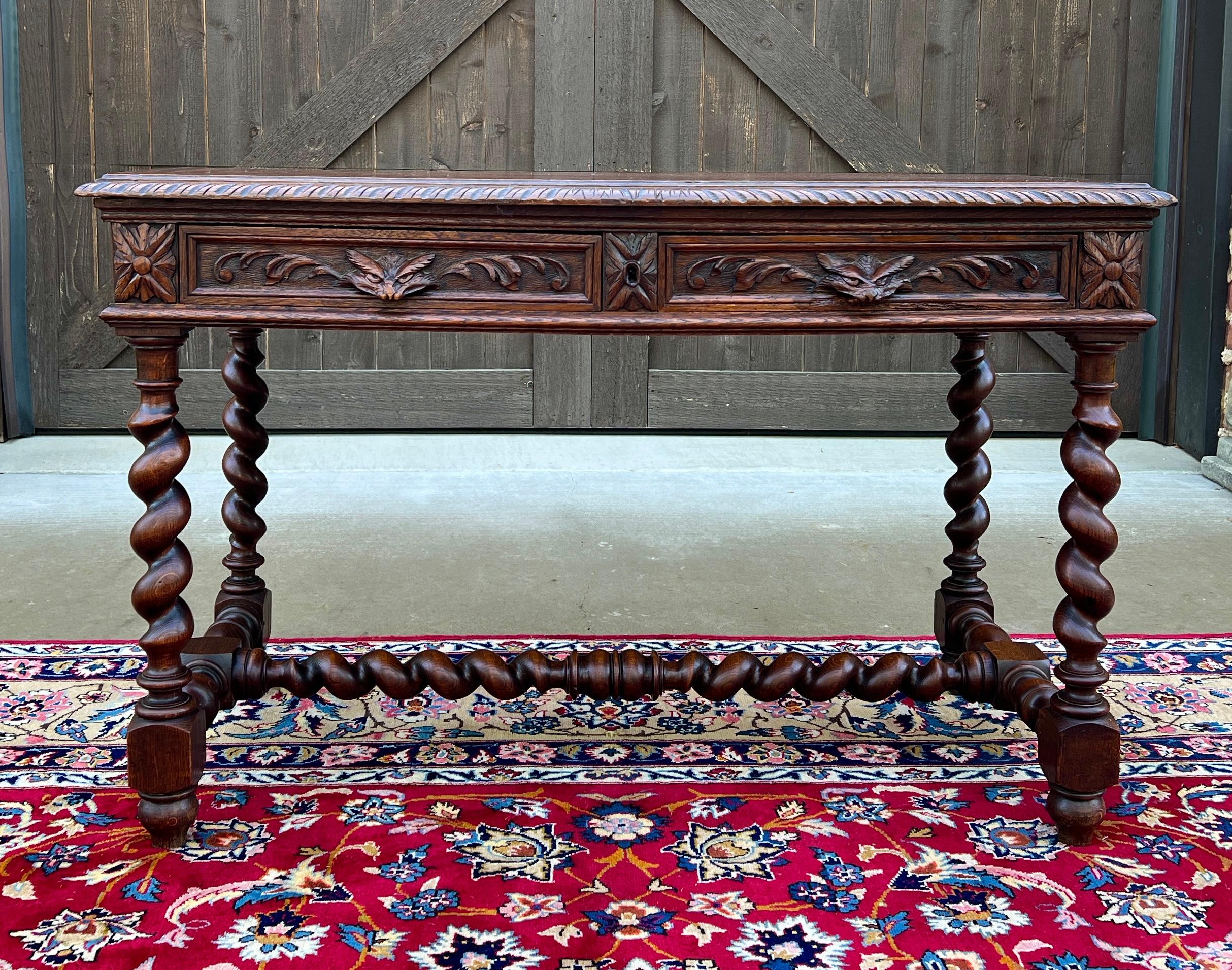 Antique French Desk Table Renaissance Revival Barley Twist Carved Tiger Oak 19C For Sale 13
