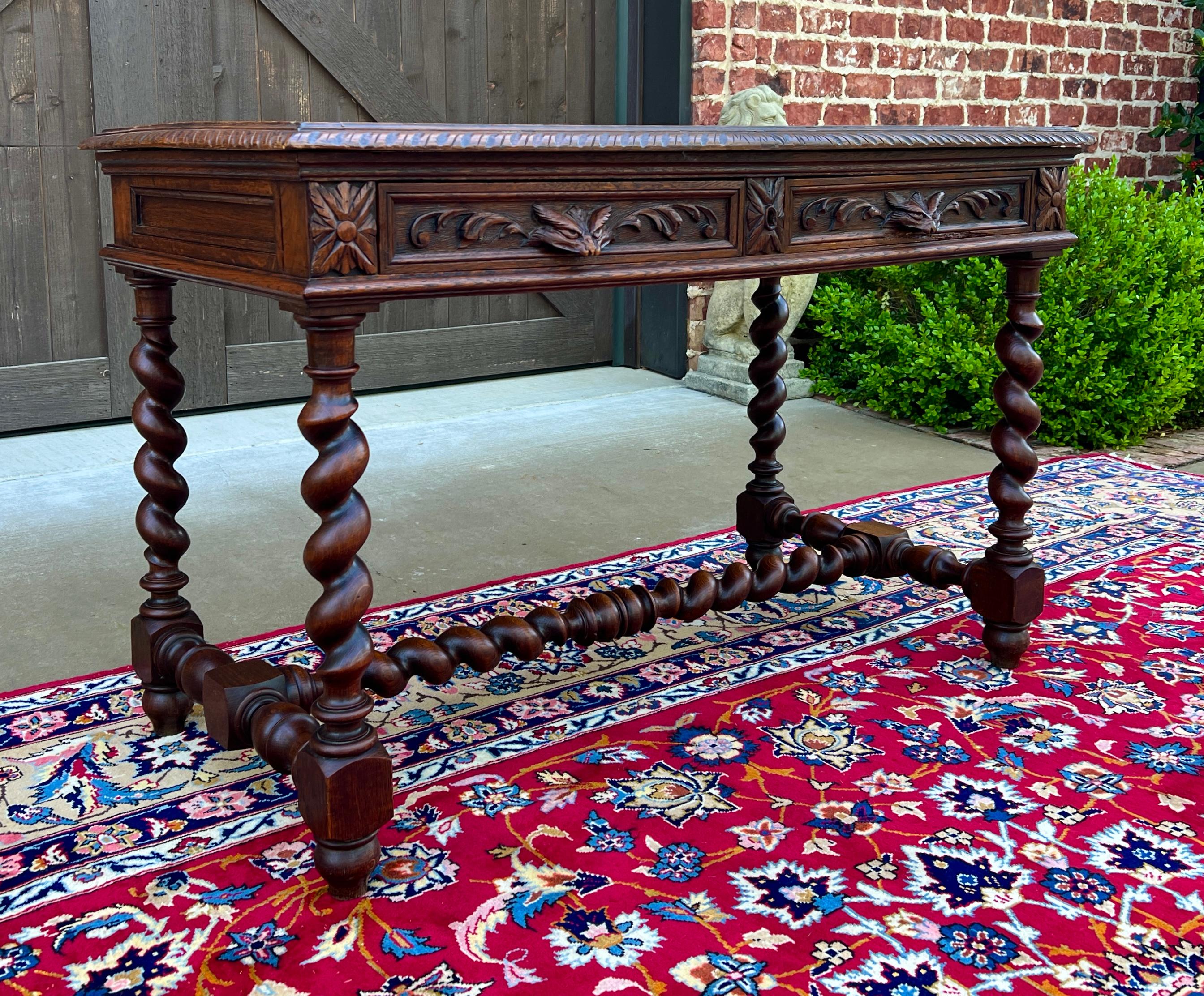 Antique French Desk Table Renaissance Revival Barley Twist Carved Tiger Oak 19C 14