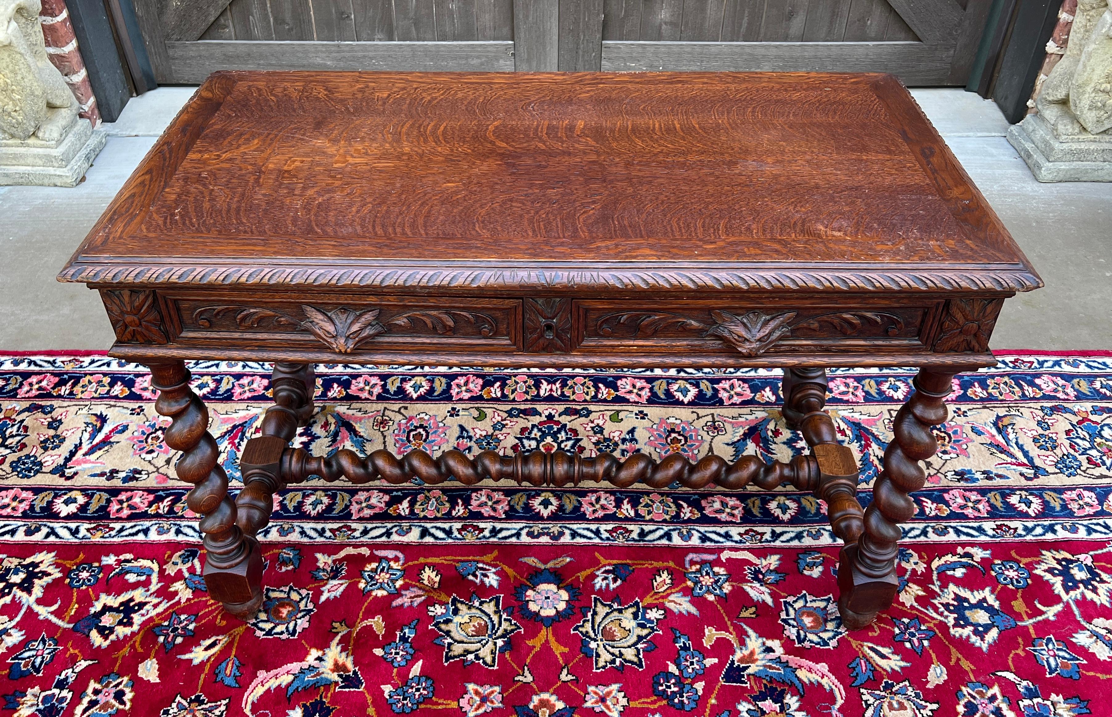 Antique French Desk Table Renaissance Revival Barley Twist Carved Tiger Oak 19C For Sale 15