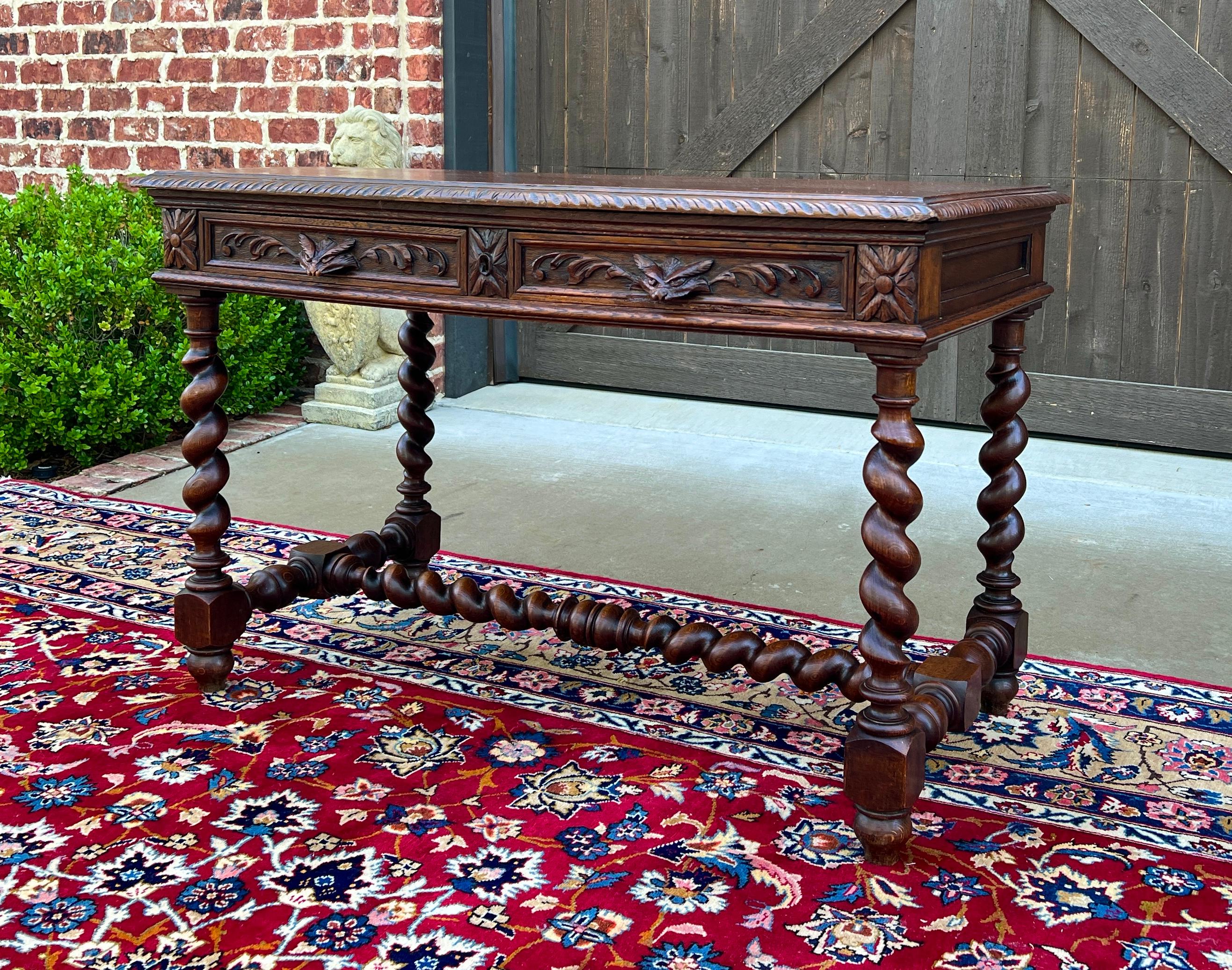 Antique French Desk Table Renaissance Revival Barley Twist Carved Tiger Oak 19C 15