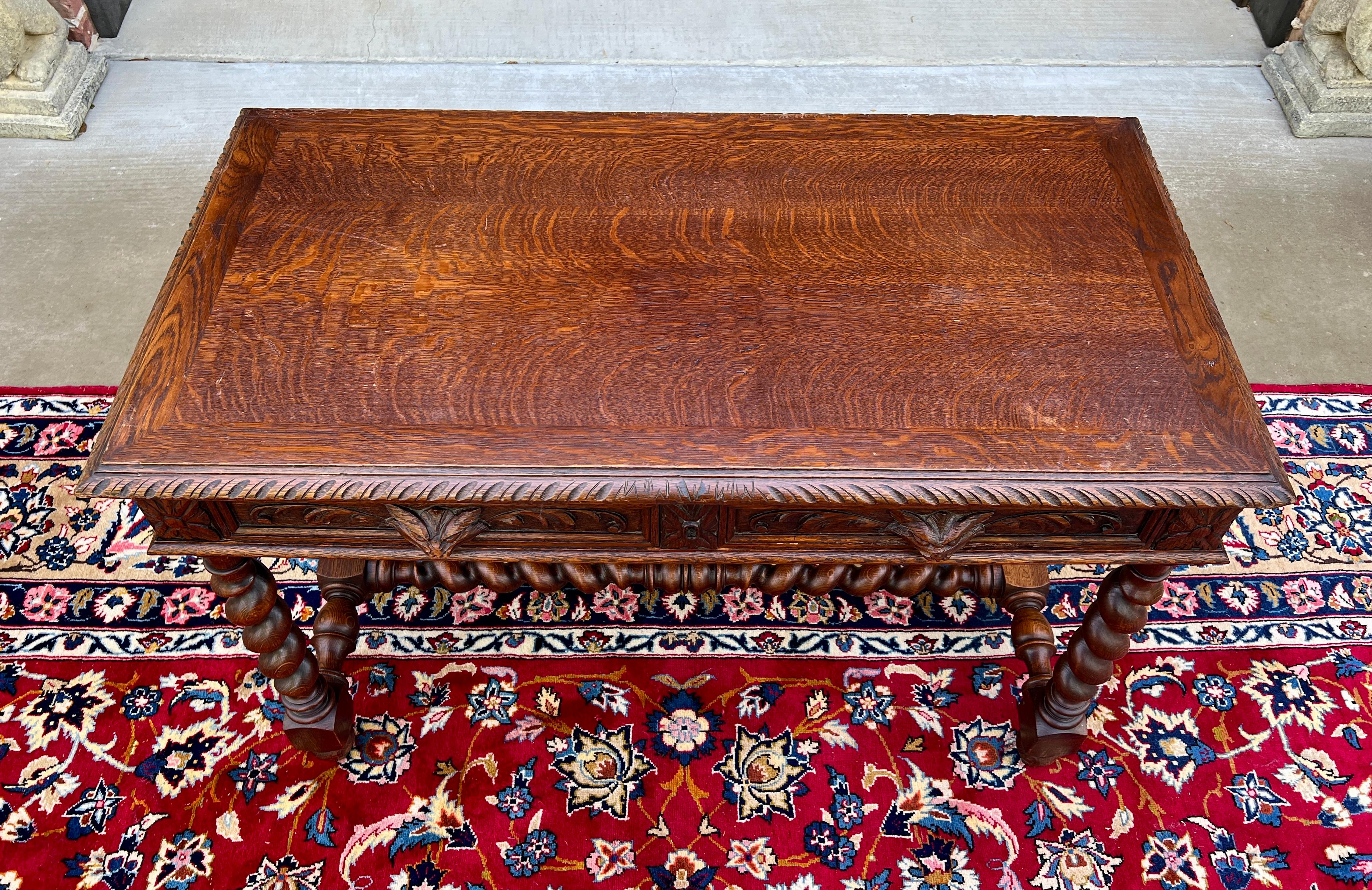 Antique French Desk Table Renaissance Revival Barley Twist Carved Tiger Oak 19C 16