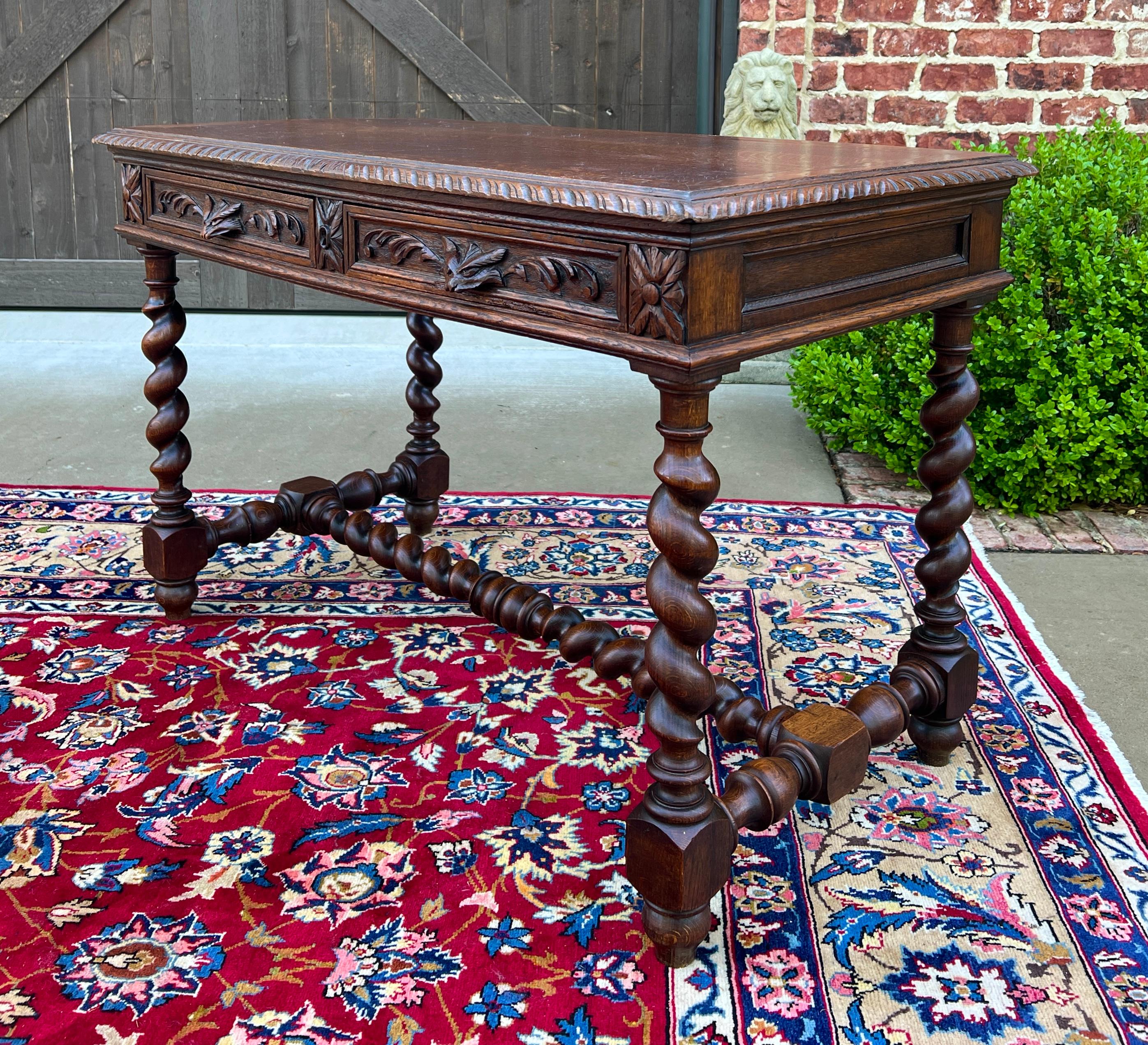 Antique French Desk Table Renaissance Revival Barley Twist Carved Tiger Oak 19C In Good Condition For Sale In Tyler, TX