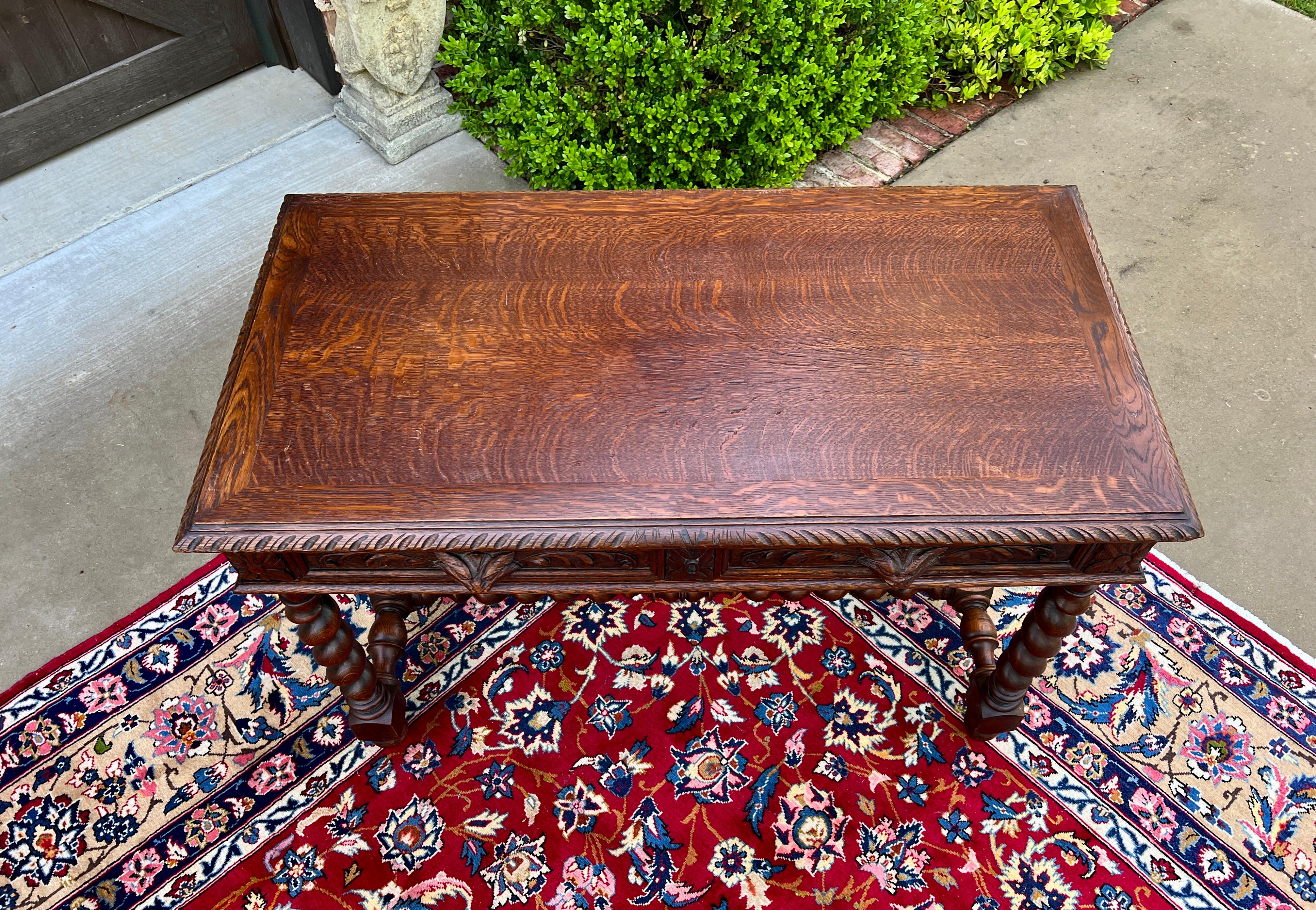 Antique French Desk Table Renaissance Revival Barley Twist Carved Tiger Oak 19C In Good Condition In Tyler, TX