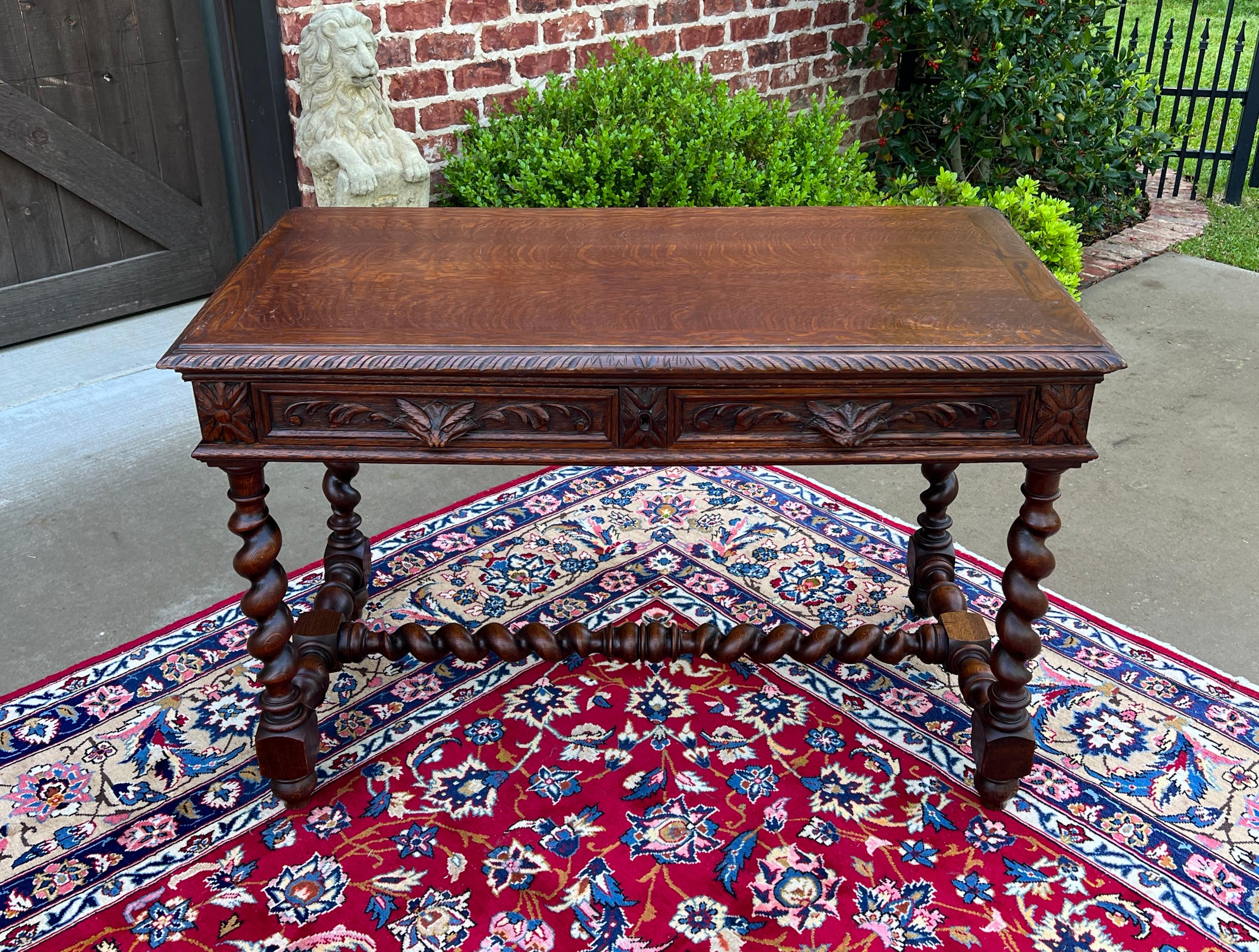 Late 19th Century Antique French Desk Table Renaissance Revival Barley Twist Carved Tiger Oak 19C For Sale