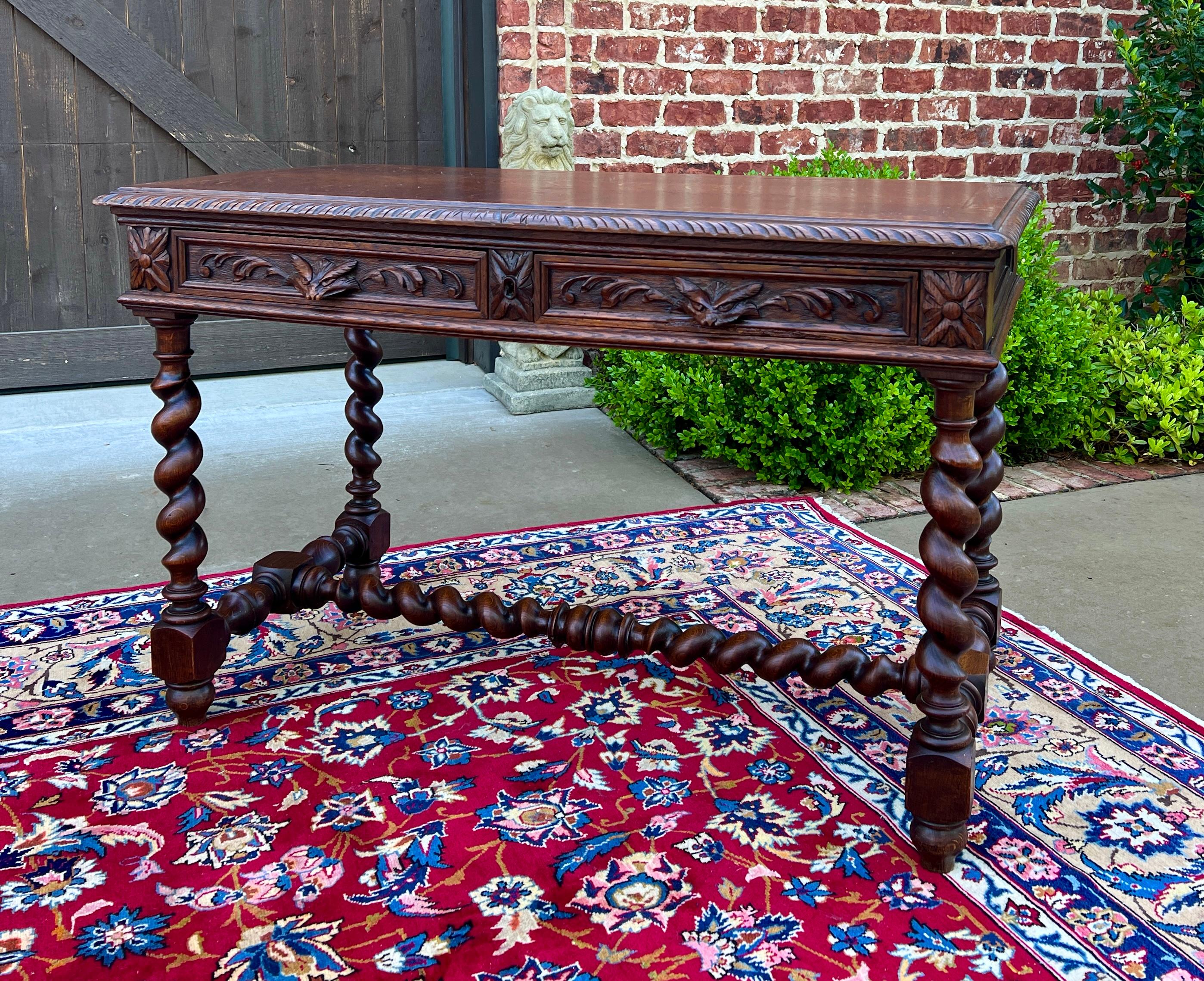 Late 19th Century Antique French Desk Table Renaissance Revival Barley Twist Carved Tiger Oak 19C