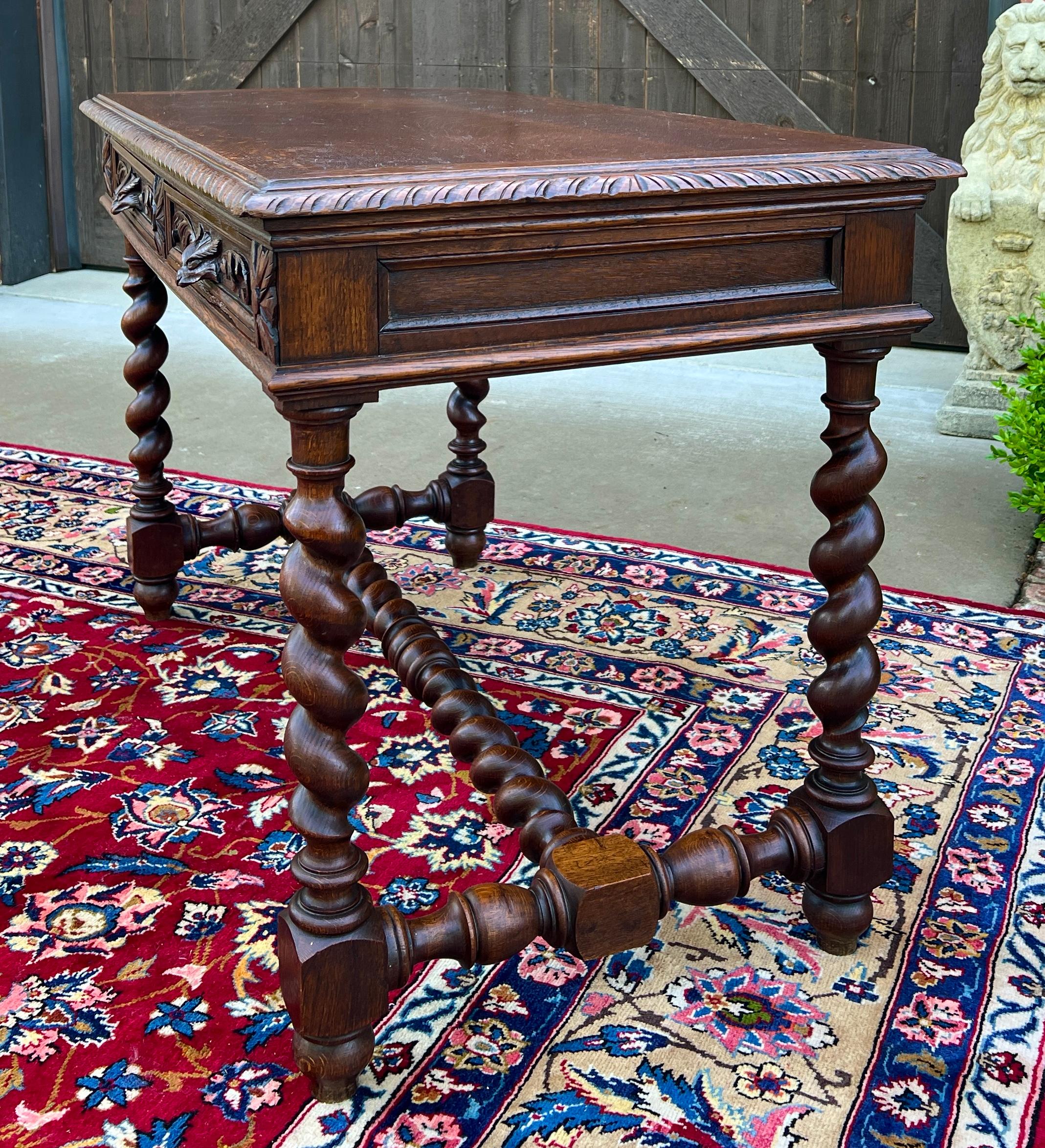 Antique French Desk Table Renaissance Revival Barley Twist Carved Tiger Oak 19C For Sale 2