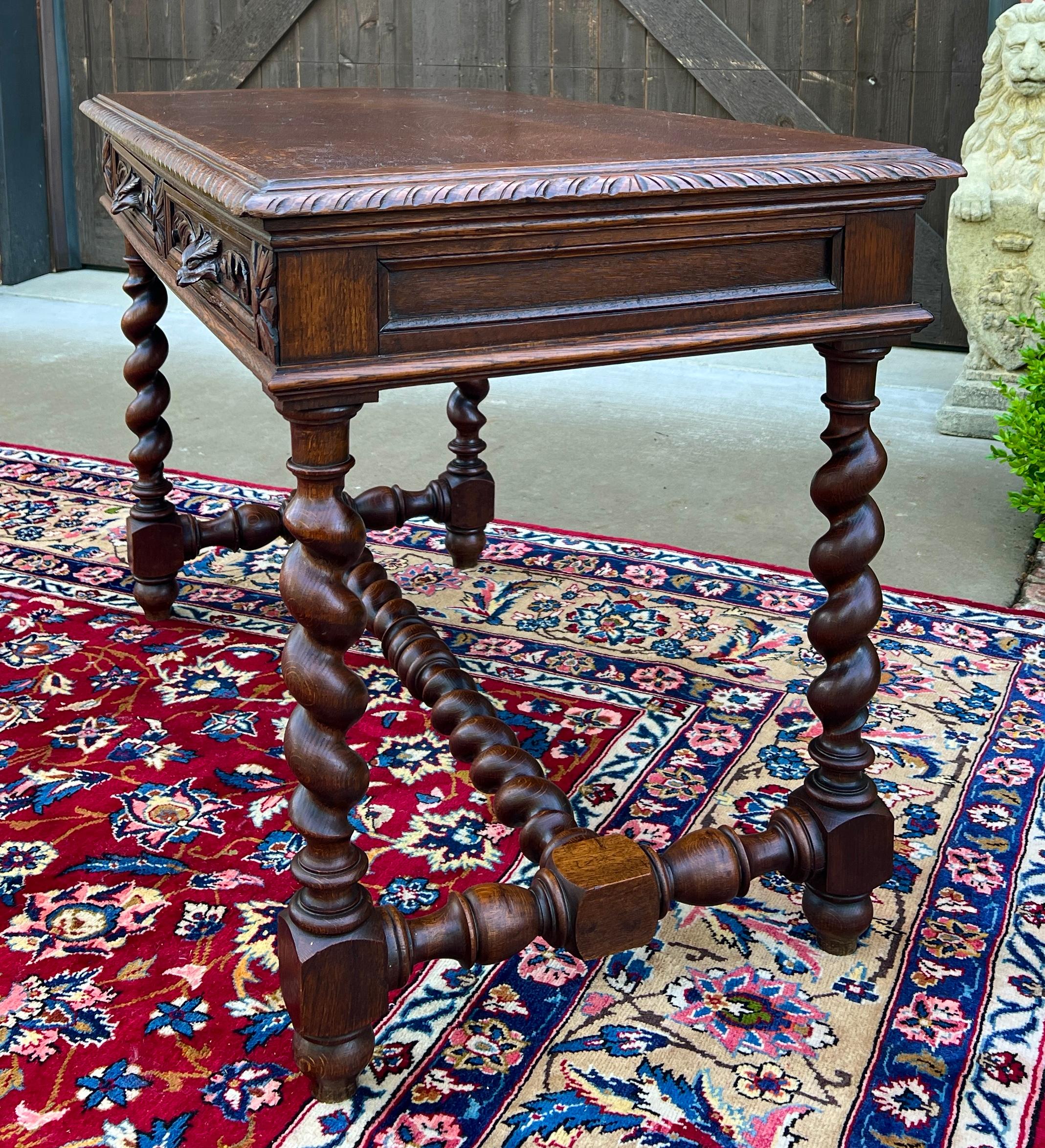 Antique French Desk Table Renaissance Revival Barley Twist Carved Tiger Oak 19C 2