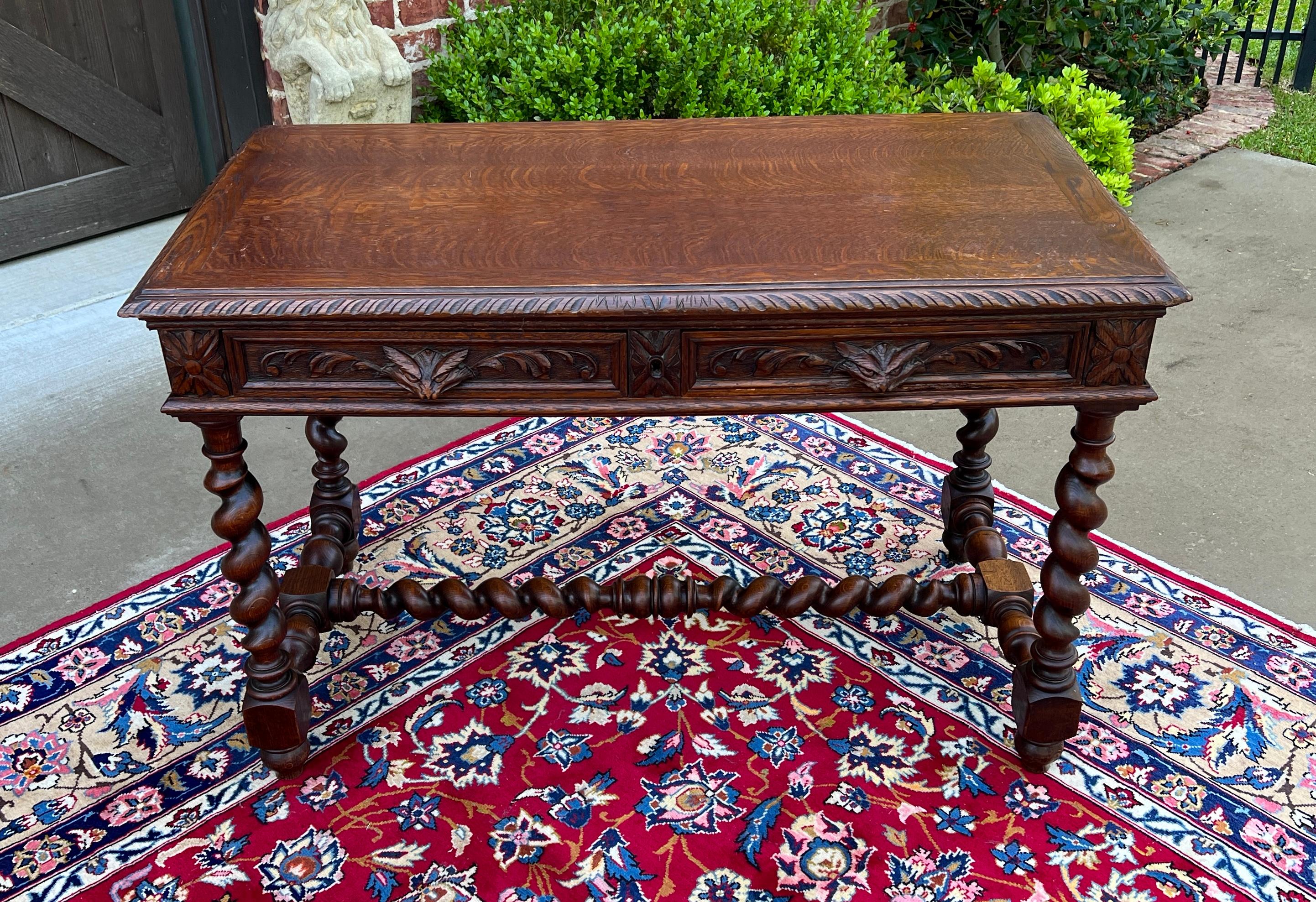 Antique French Desk Table Renaissance Revival Barley Twist Carved Tiger Oak 19C For Sale 4