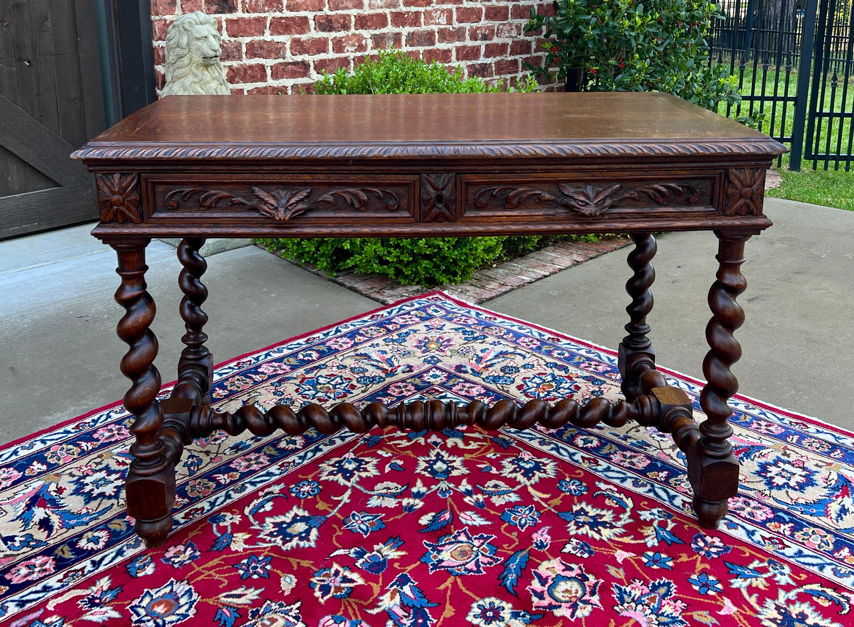 Antique French Desk Table Renaissance Revival Barley Twist Carved Tiger Oak 19C 5