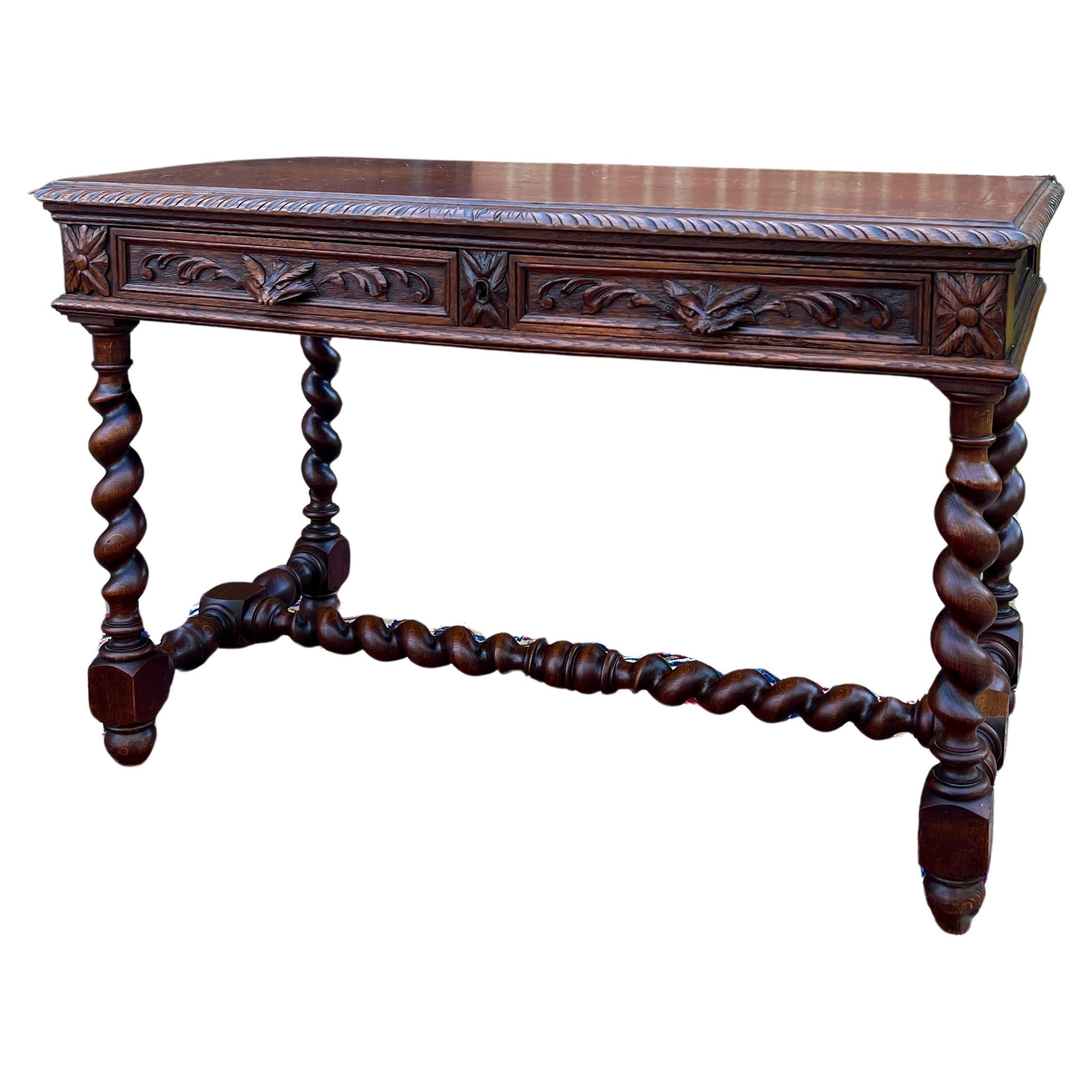 Antique French Desk Table Renaissance Revival Barley Twist Carved Tiger Oak 19C For Sale