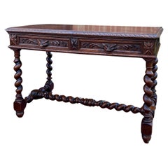 Antique French Desk Table Renaissance Revival Barley Twist Carved Tiger Oak 19C