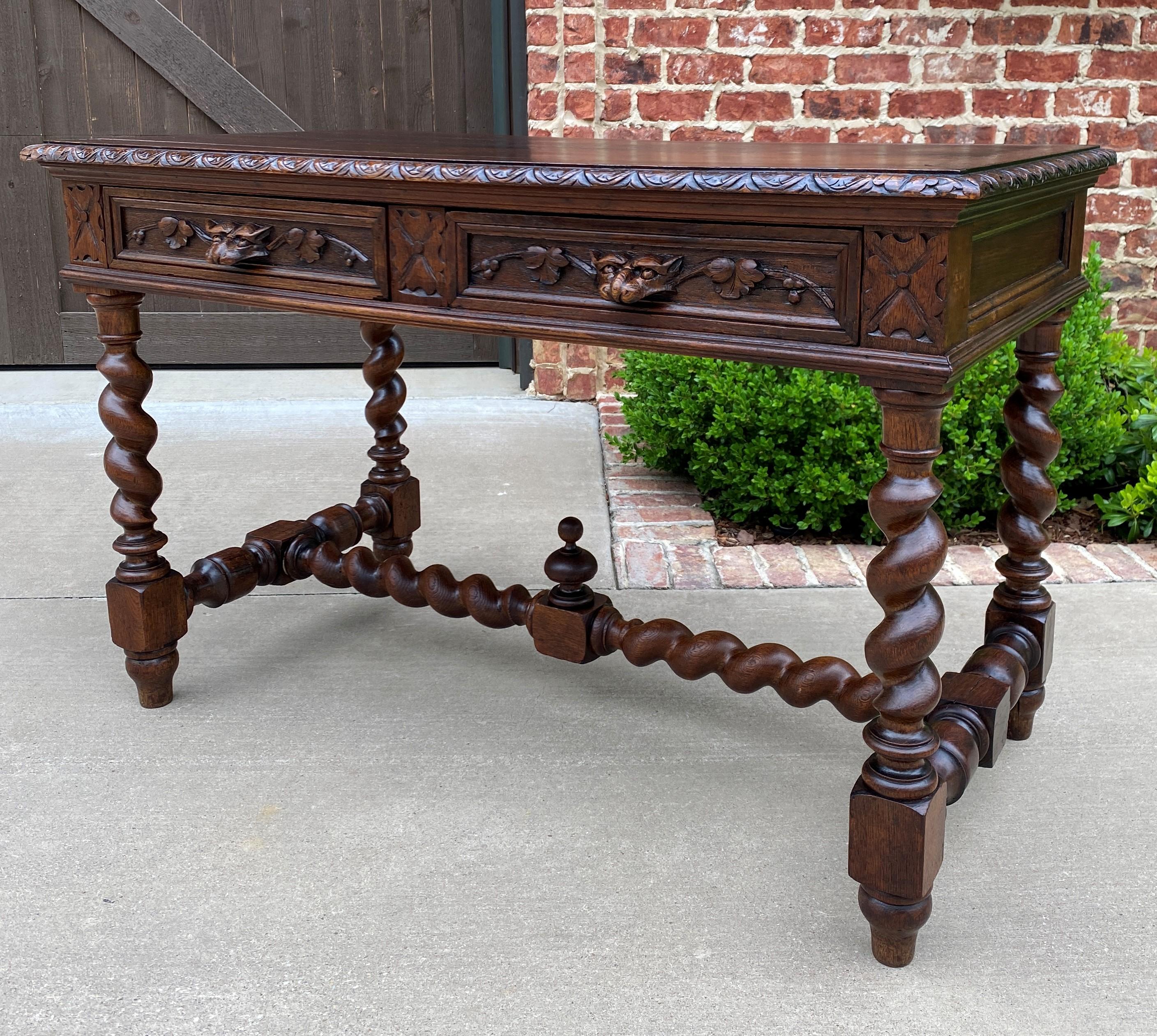 Antique French Desk Table Renaissance Revival Barley Twist Lions Carved Oak 19C 8