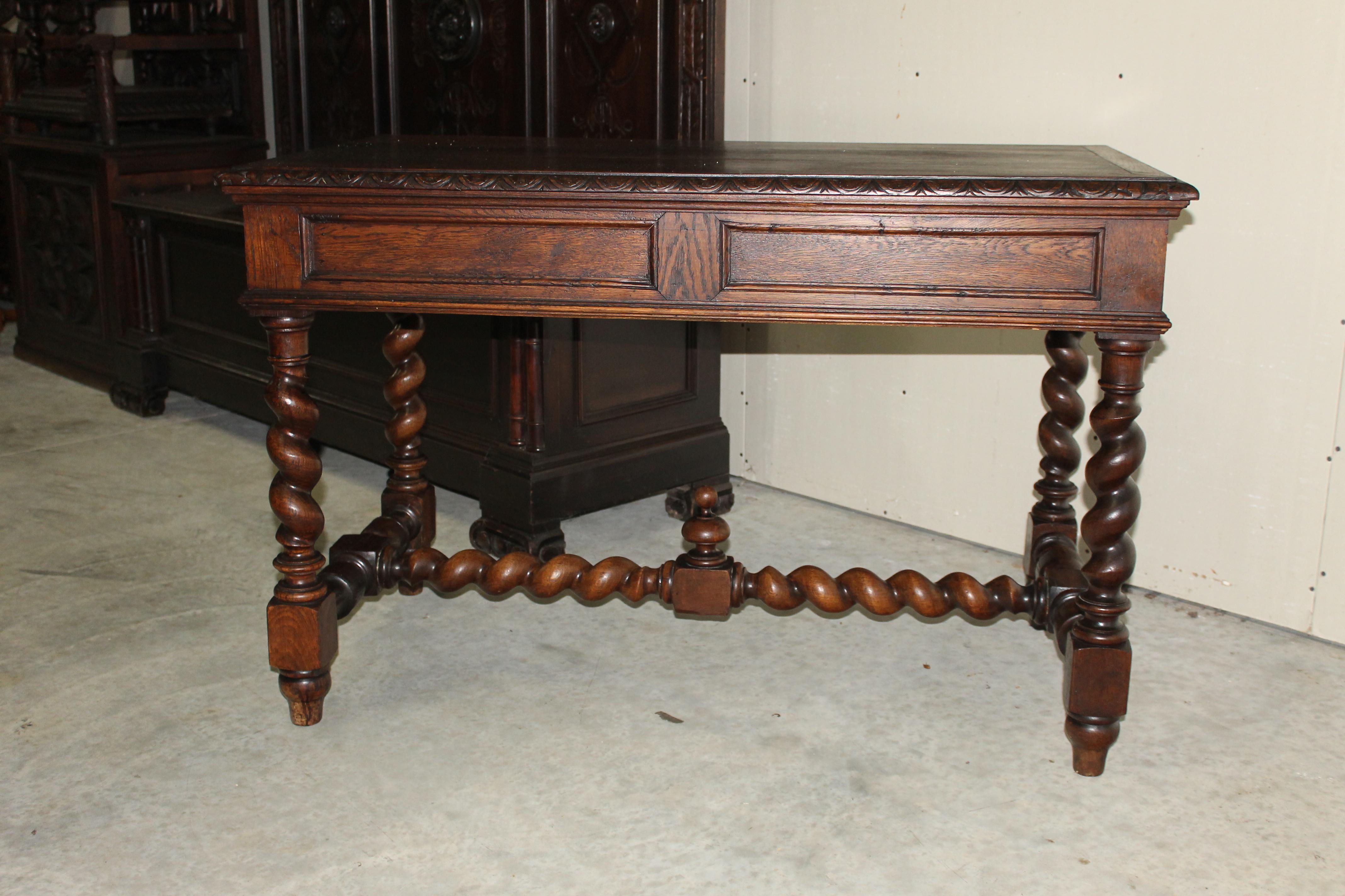 Antique French Desk Table Renaissance Revival Barley Twist Lions Carved Oak 19C 11