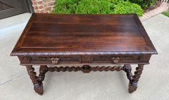 Antique French Desk Table Renaissance Revival Barley Twist Lions Carved Oak 19C