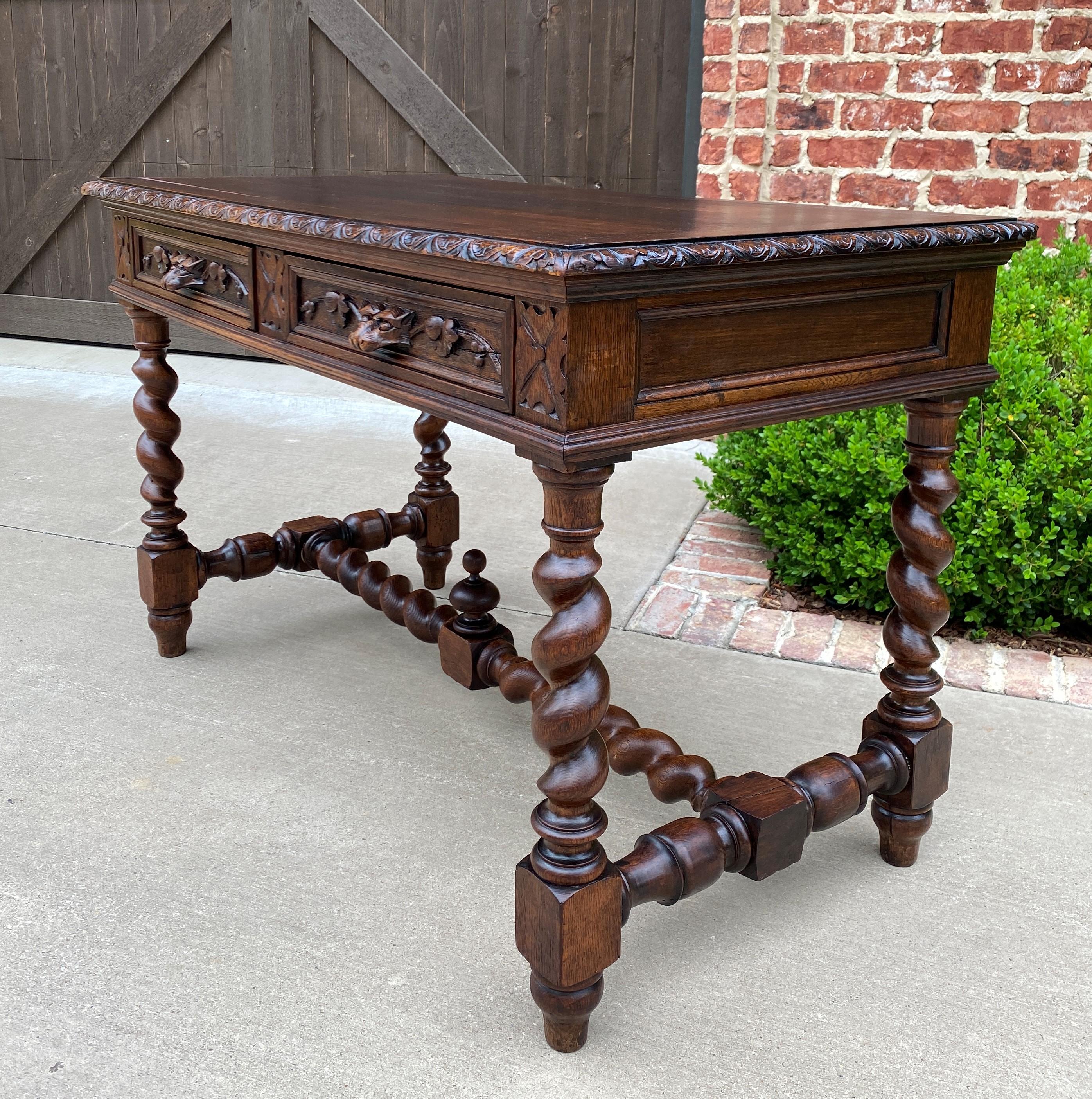 Antique French Desk Table Renaissance Revival Barley Twist Lions Carved Oak 19C In Good Condition In Tyler, TX