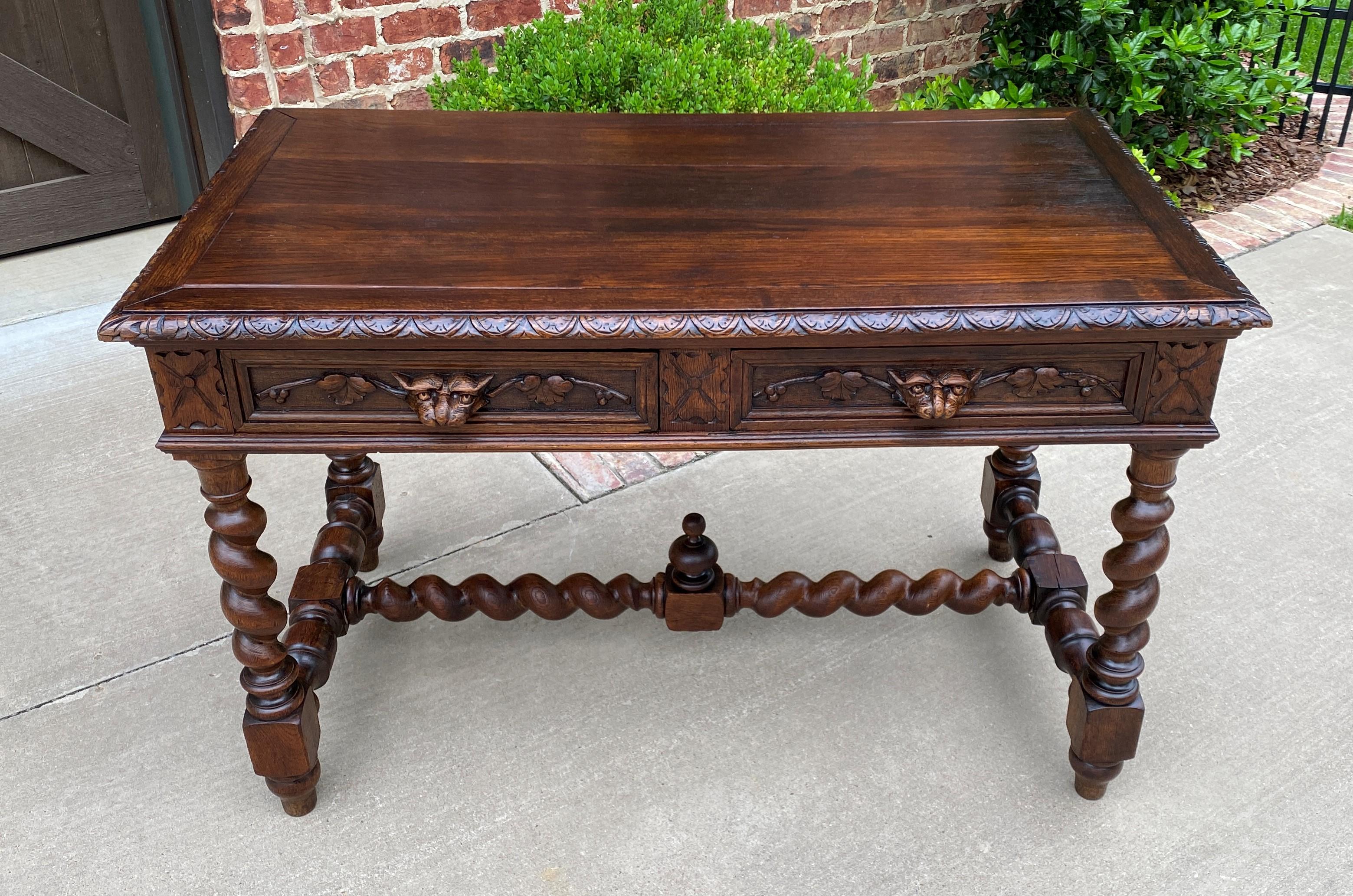 Late 19th Century Antique French Desk Table Renaissance Revival Barley Twist Lions Carved Oak 19C