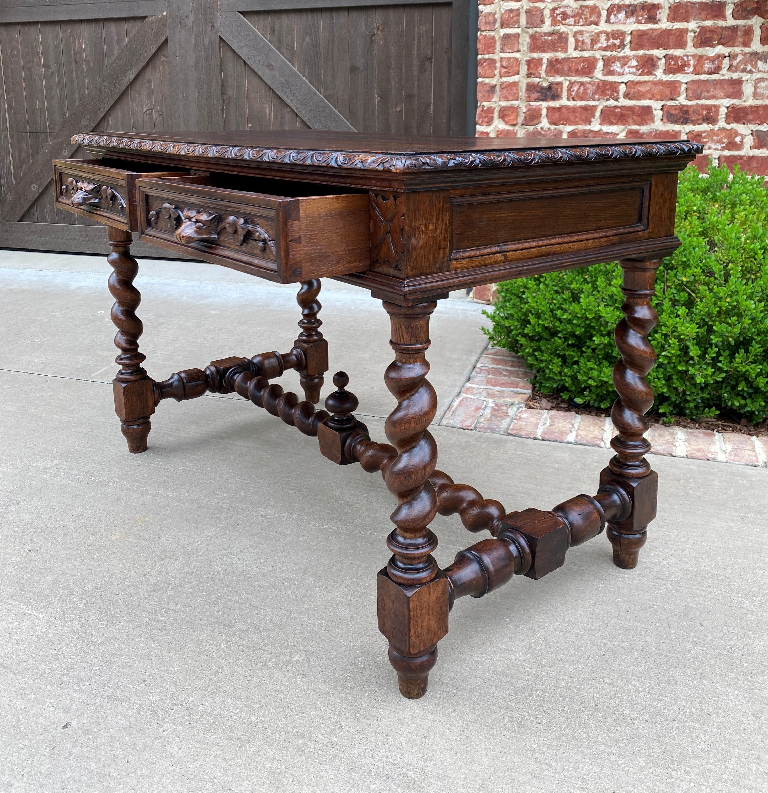 Antique French Desk Table Renaissance Revival Barley Twist Lions Carved Oak 19C 3