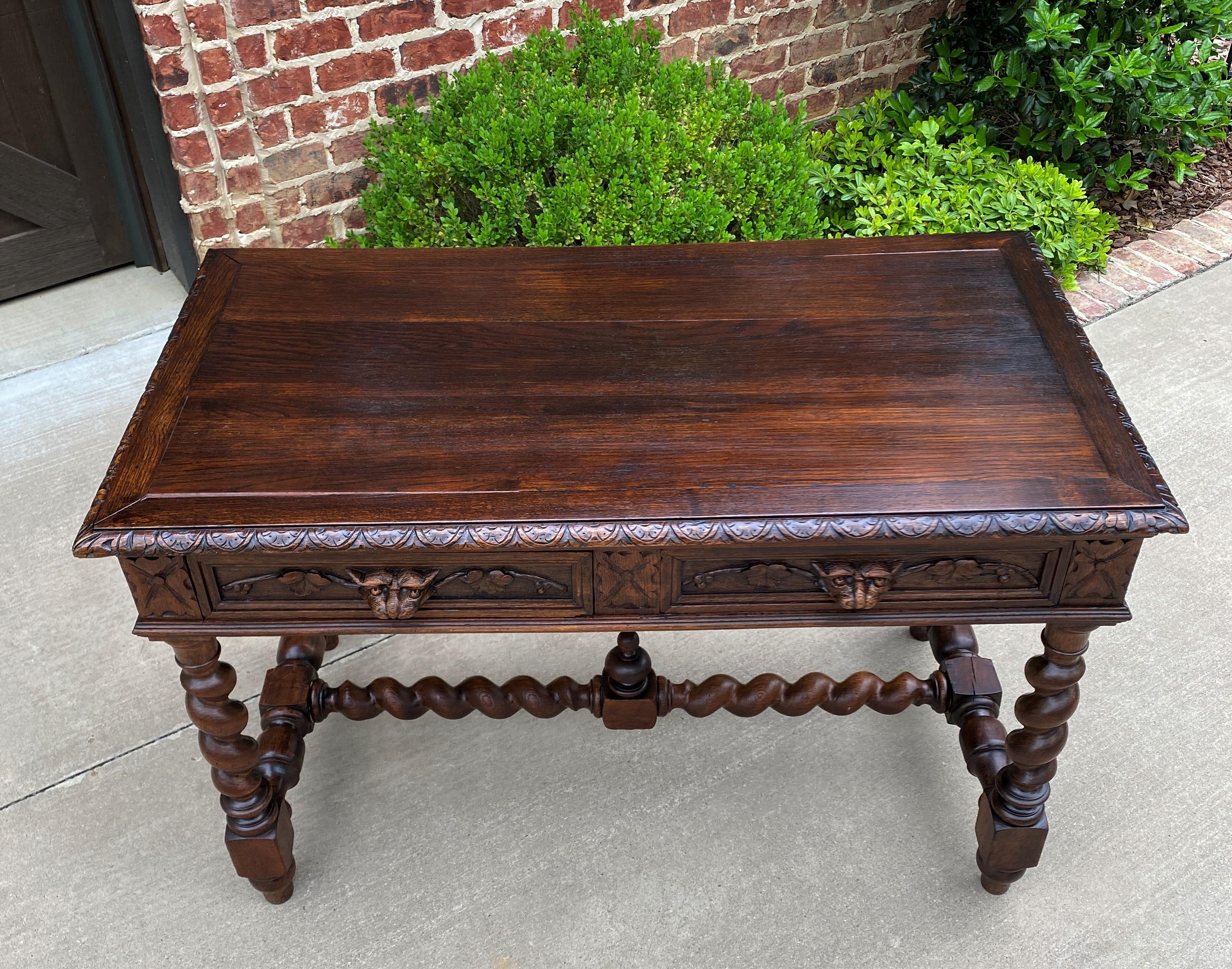 Antique French Desk Table Renaissance Revival Barley Twist Lions Carved Oak 19C 4