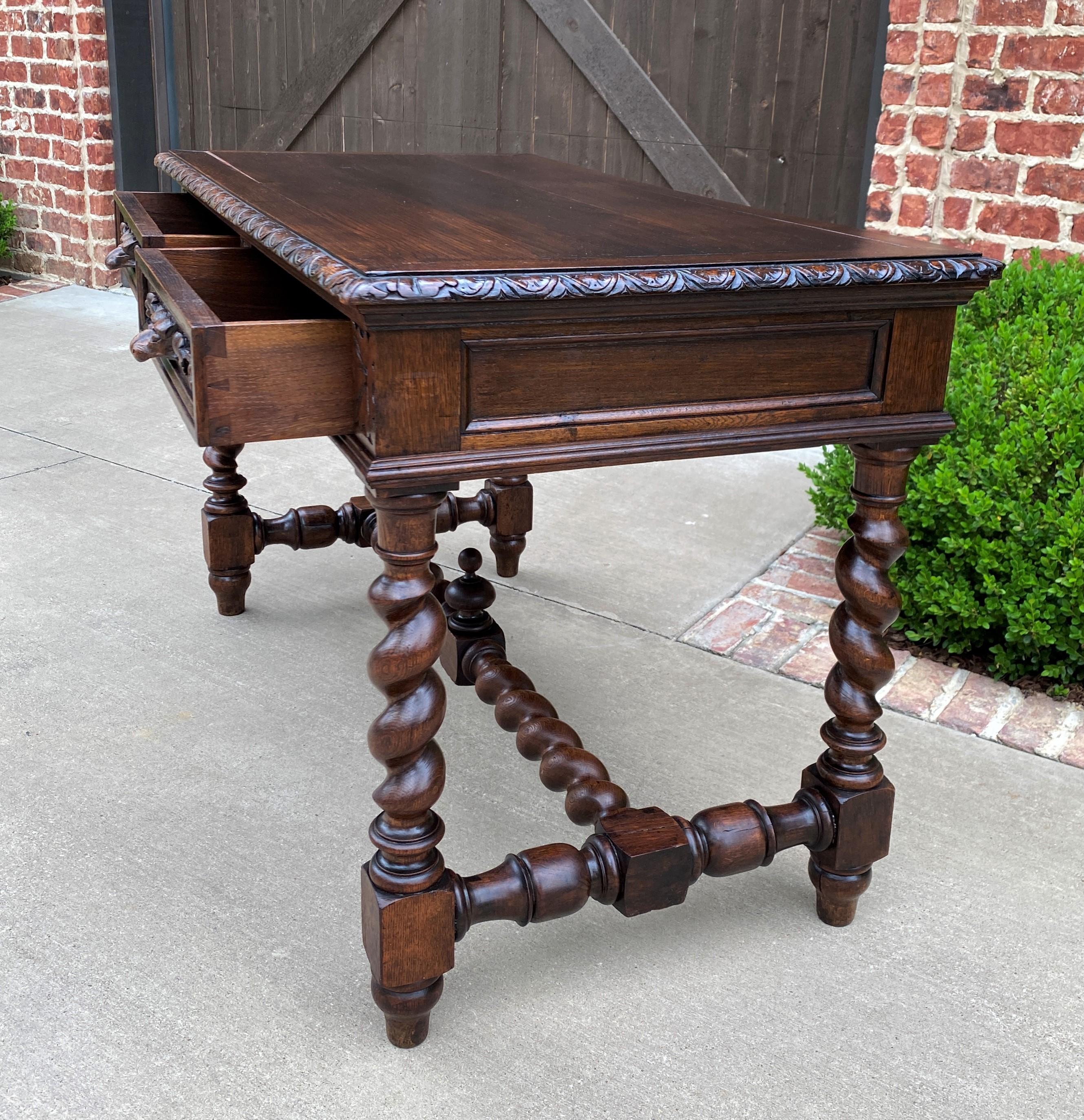 Antique French Desk Table Renaissance Revival Barley Twist Lions Carved Oak 19C 5