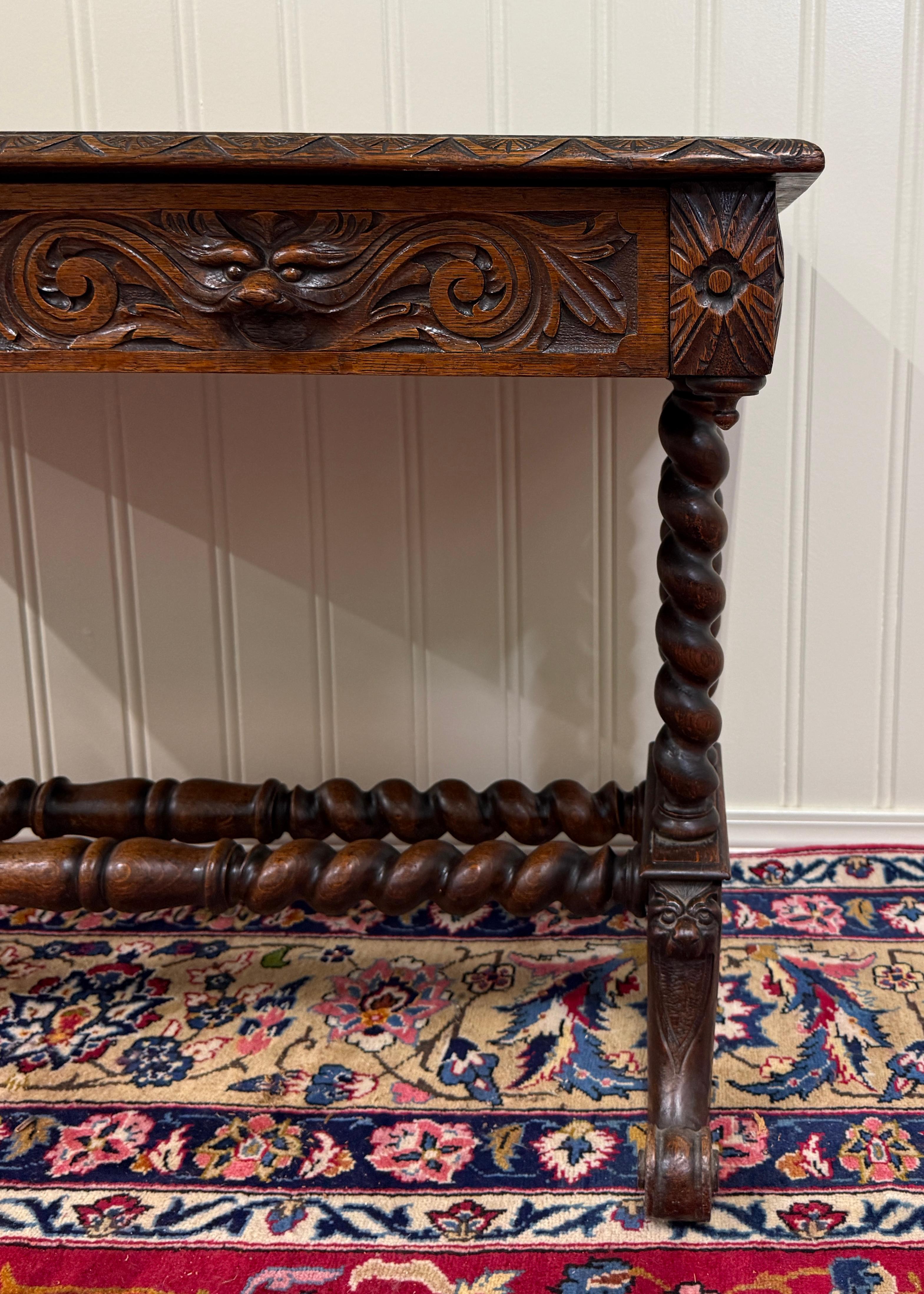 Antique French Desk Table with Drawer Oak Leather Top Barley Twist Entry Table en vente 5