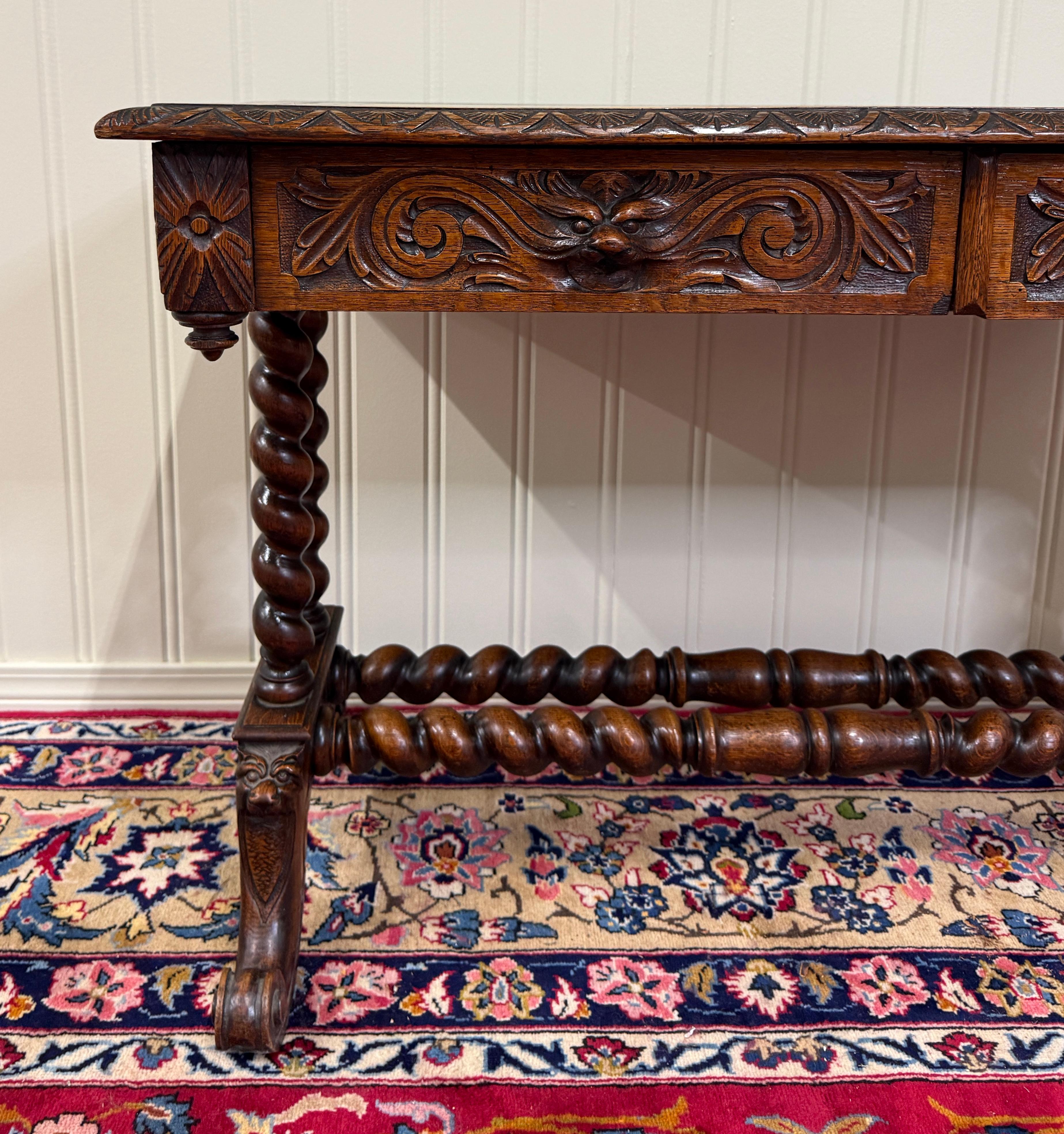 Antique French Desk Table with Drawer Oak Leather Top Barley Twist Entry Table en vente 6