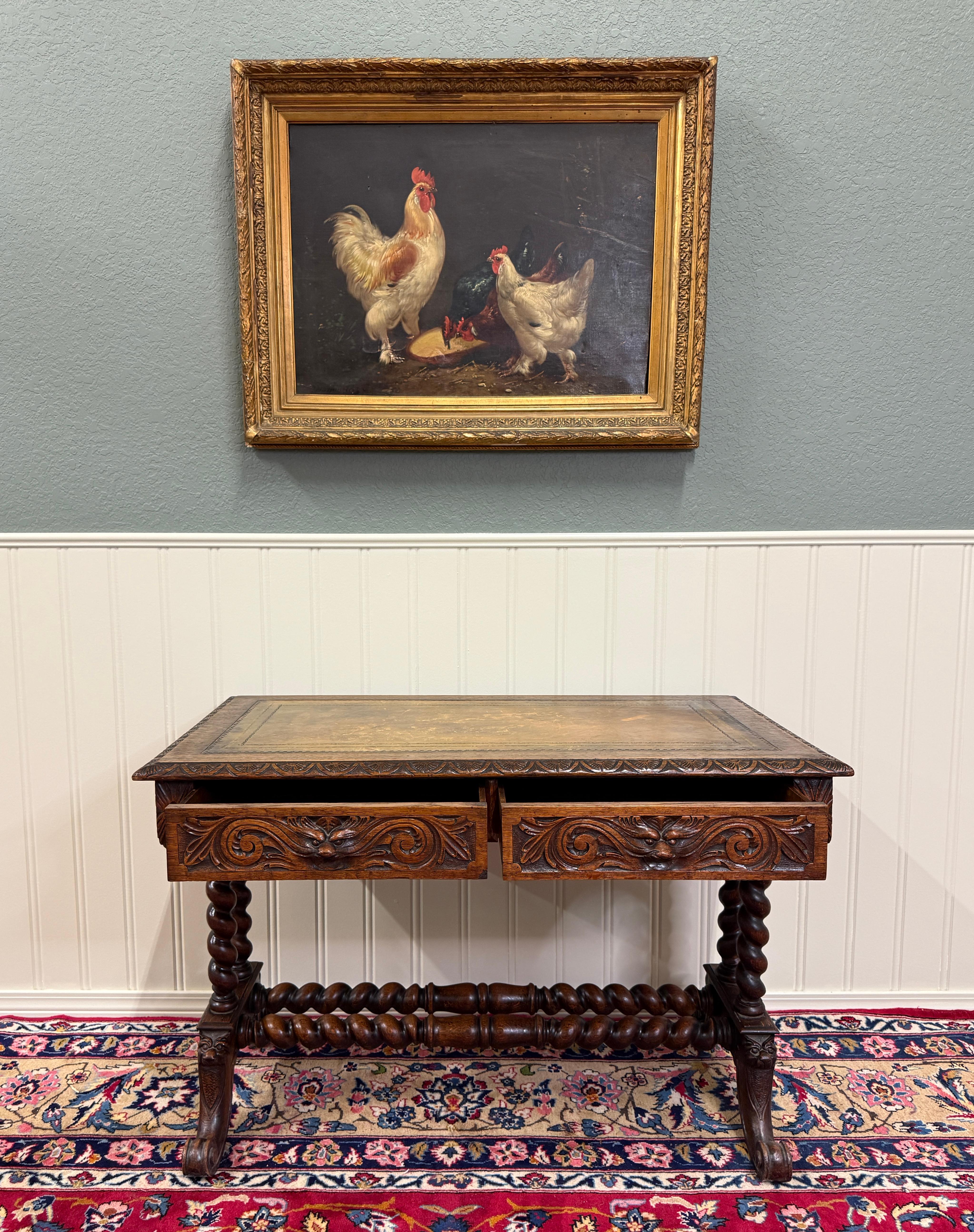 Antique French Desk Table with Drawer Oak Leather Top Barley Twist Entry Table en vente 7