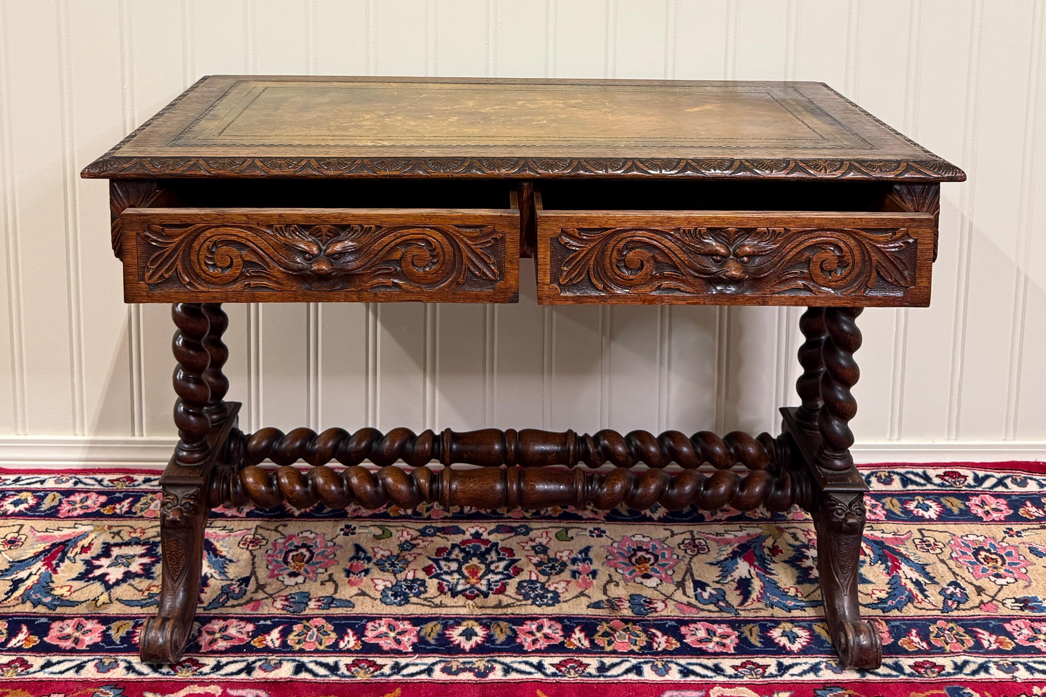 Antique French Desk Table with Drawer Oak Leather Top Barley Twist Entry Table en vente 8