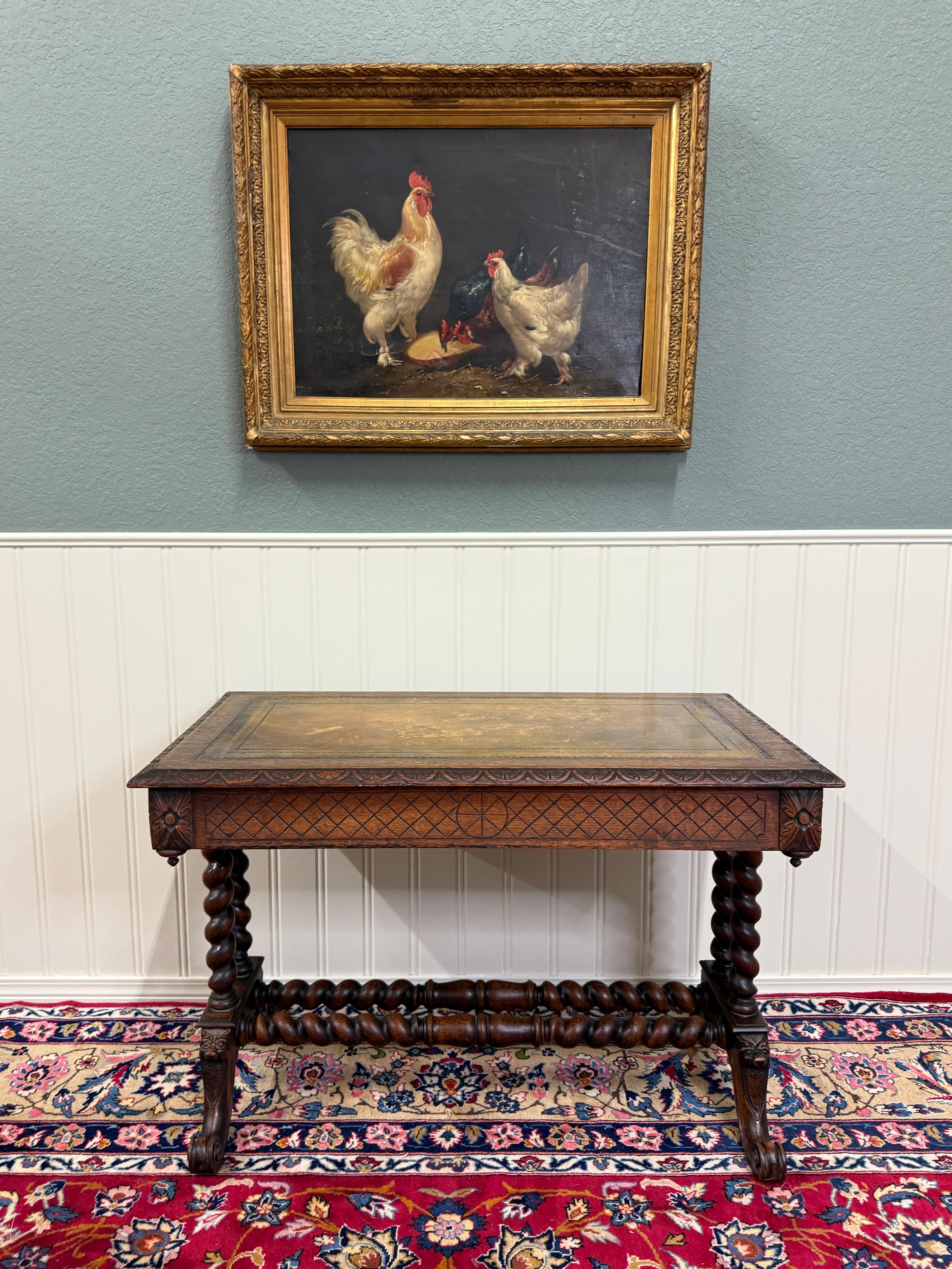 Antique French Desk Table with Drawer Oak Leather Top Barley Twist Entry Table en vente 12