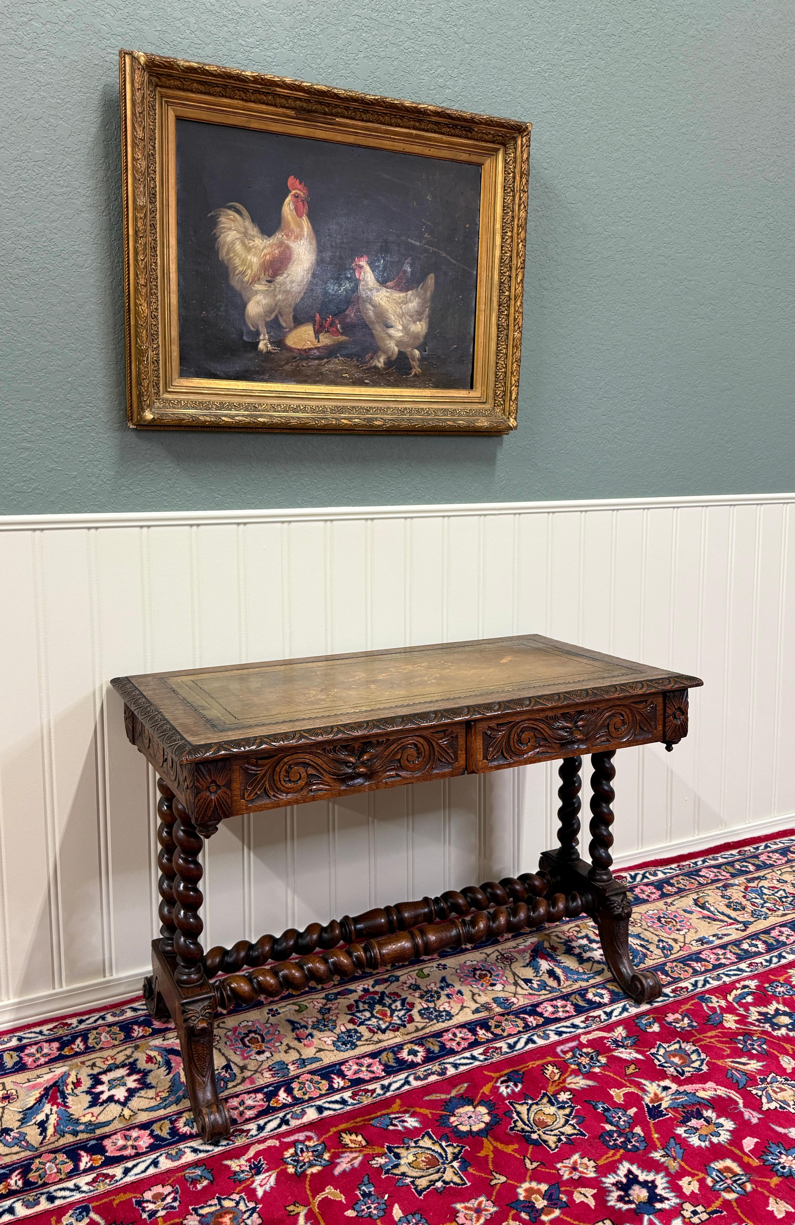 Français Antique French Desk Table with Drawer Oak Leather Top Barley Twist Entry Table en vente
