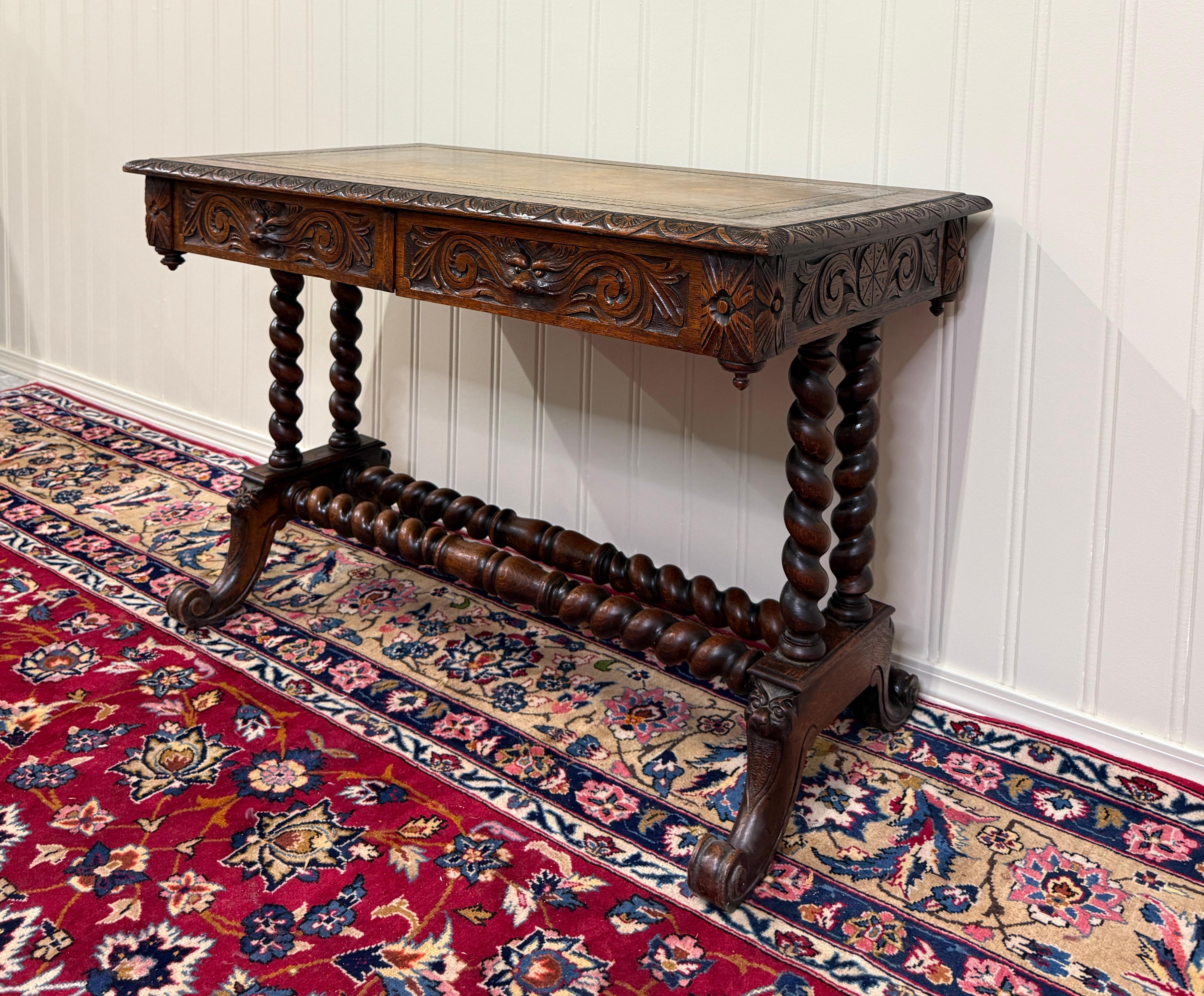 Antique French Desk Table with Drawer Oak Leather Top Barley Twist Entry Table Bon état - En vente à Tyler, TX