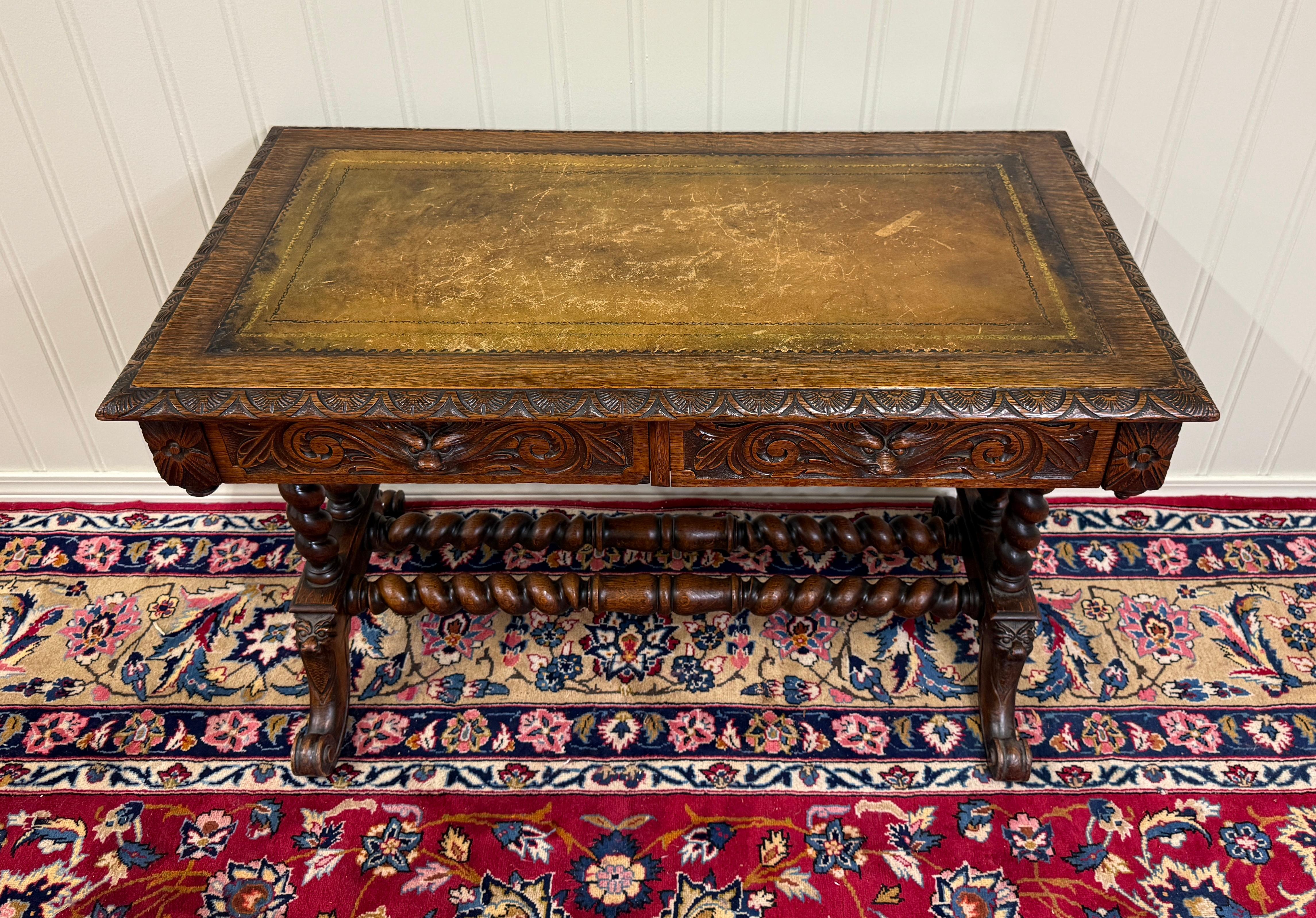 Chêne Antique French Desk Table with Drawer Oak Leather Top Barley Twist Entry Table en vente