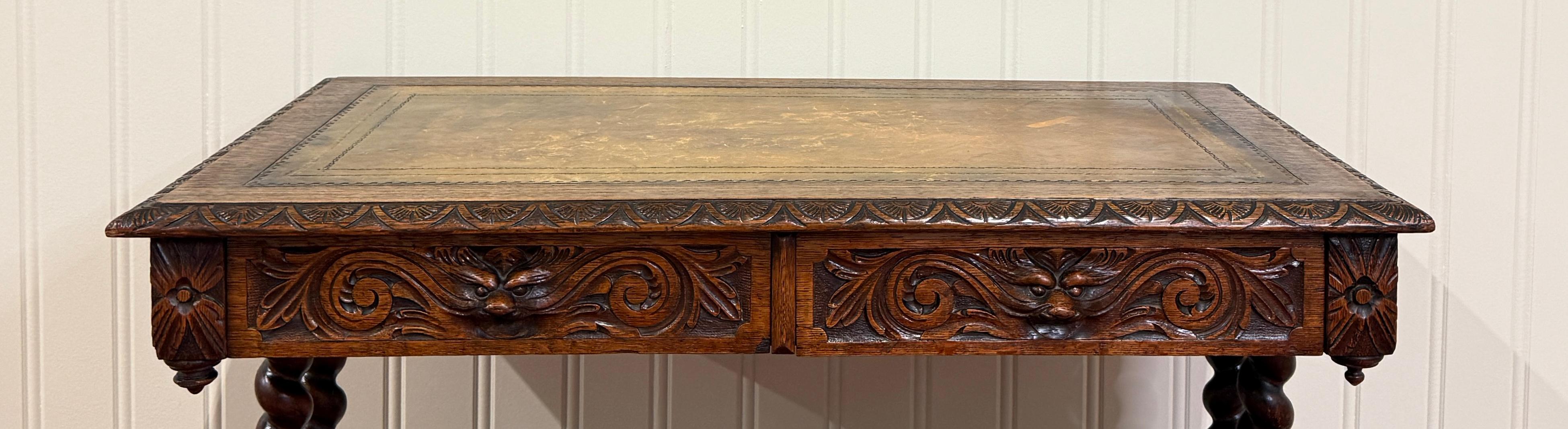 Antique French Desk Table with Drawer Oak Leather Top Barley Twist Entry Table en vente 1