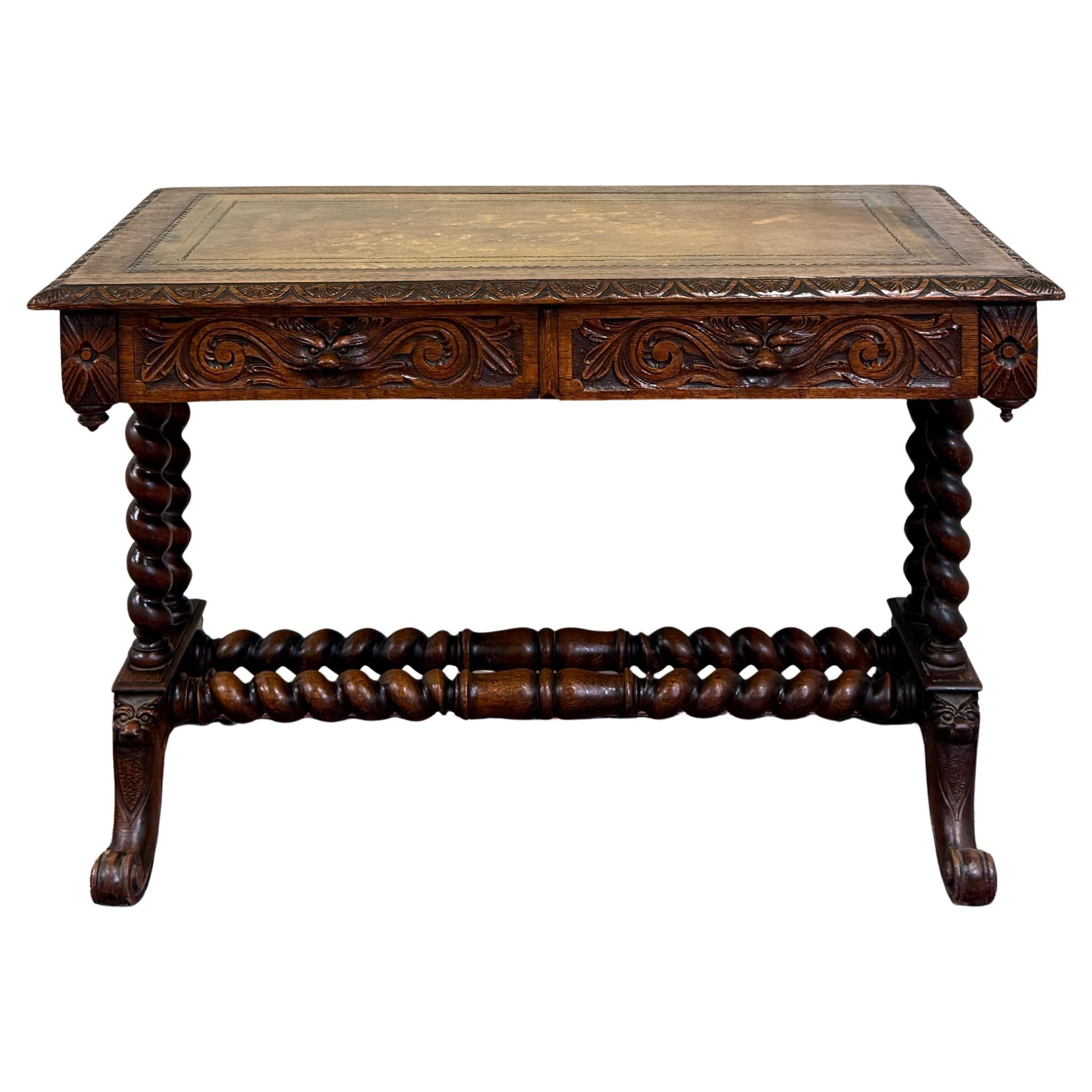 Antique French Desk Table with Drawer Oak Leather Top Barley Twist Entry Table en vente