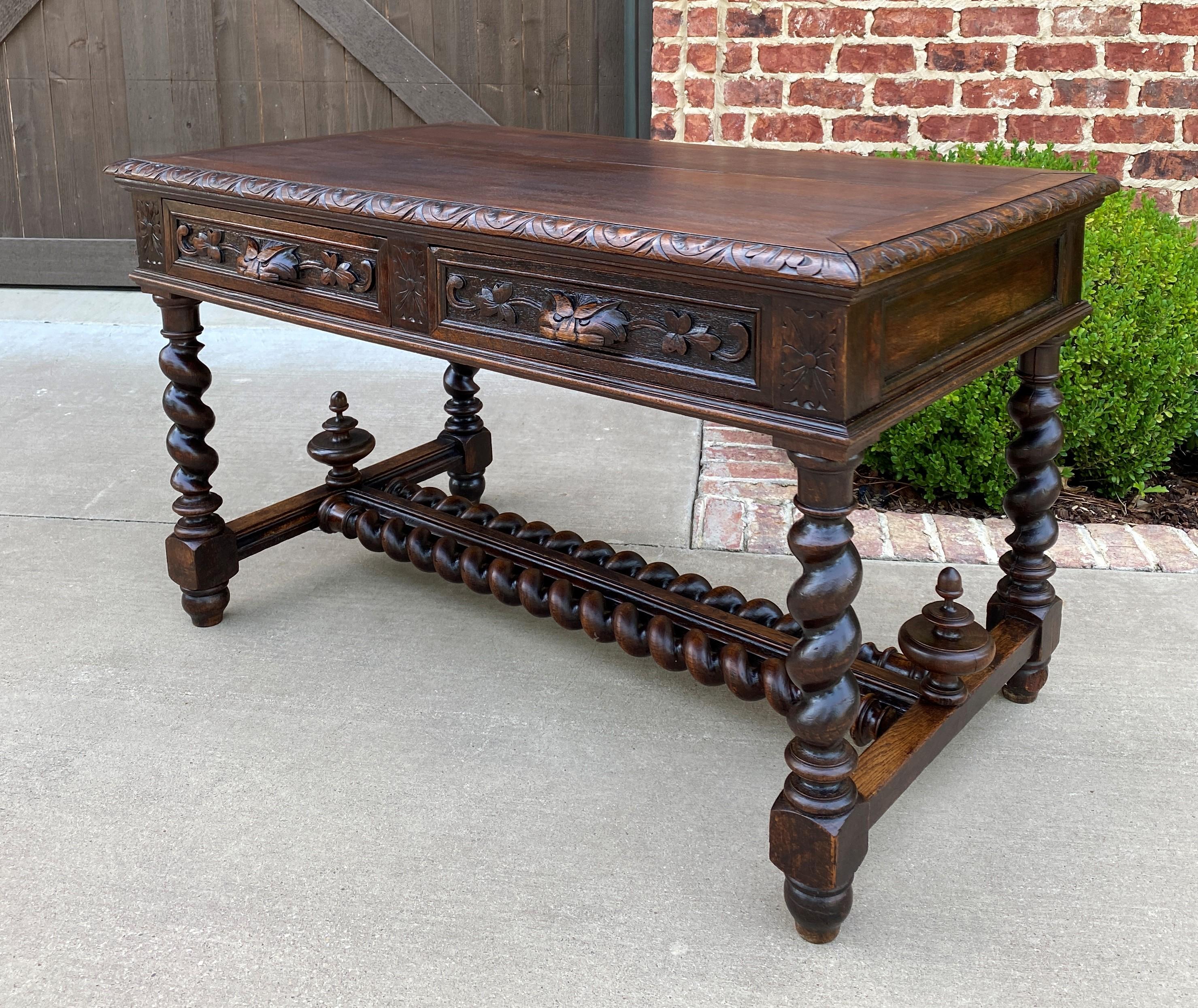 Superb 19th century antique French oak barley twist library office desk or table with drawers~~c. 1880s 

With so many people working from home , Desks are our most often requested items this year~~this is a gorgeous French oak desk with two