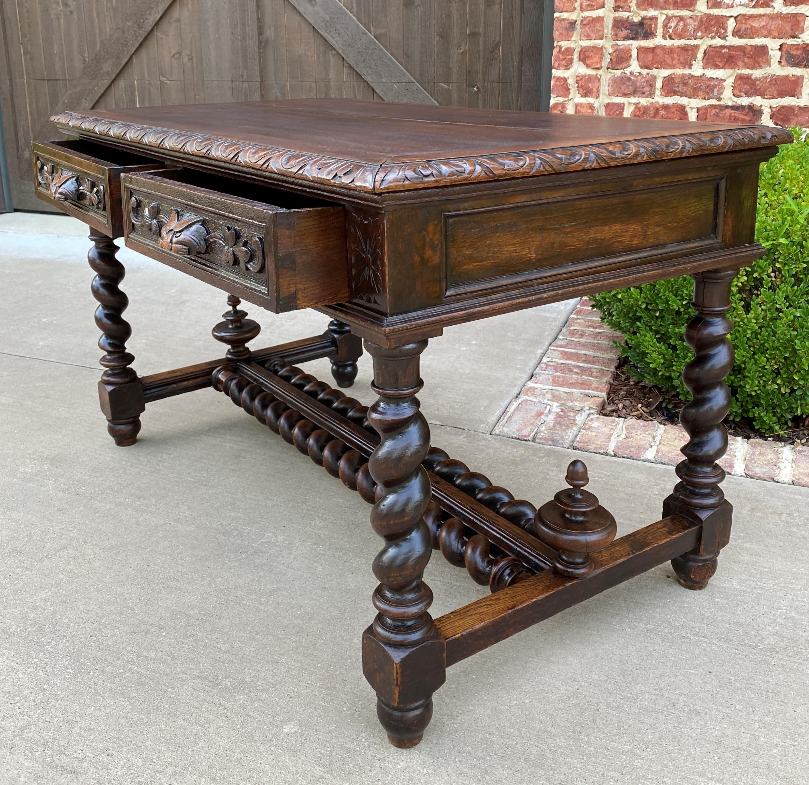 Carved Antique French Desk Table with Drawers Oak Barley Twist Library Study Office 19C