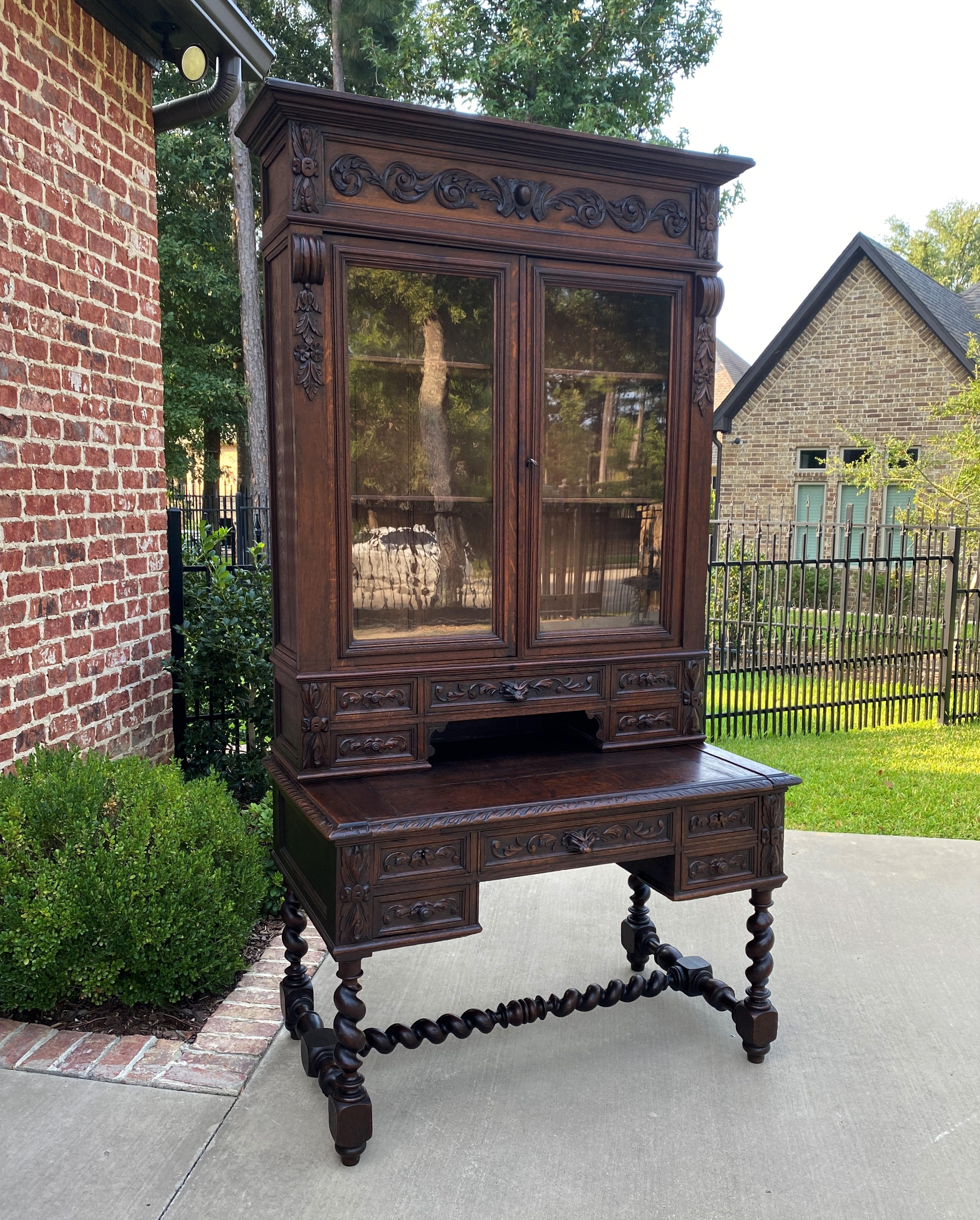 Renaissance Revival Antique French Desk Upper Bookcase Cabinet Barley Twist Writing Desk Oak 19th C