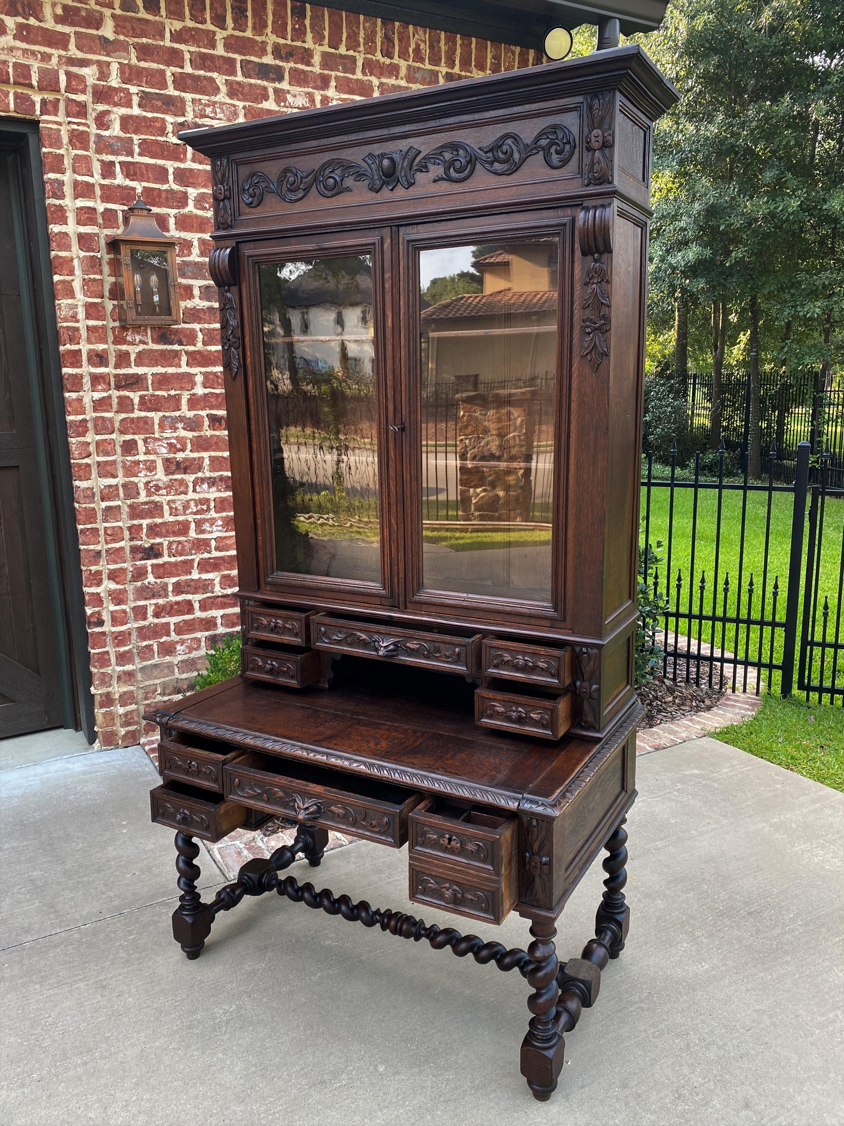 Antique French Desk Upper Bookcase Cabinet Barley Twist Writing Desk Oak 19th C 3