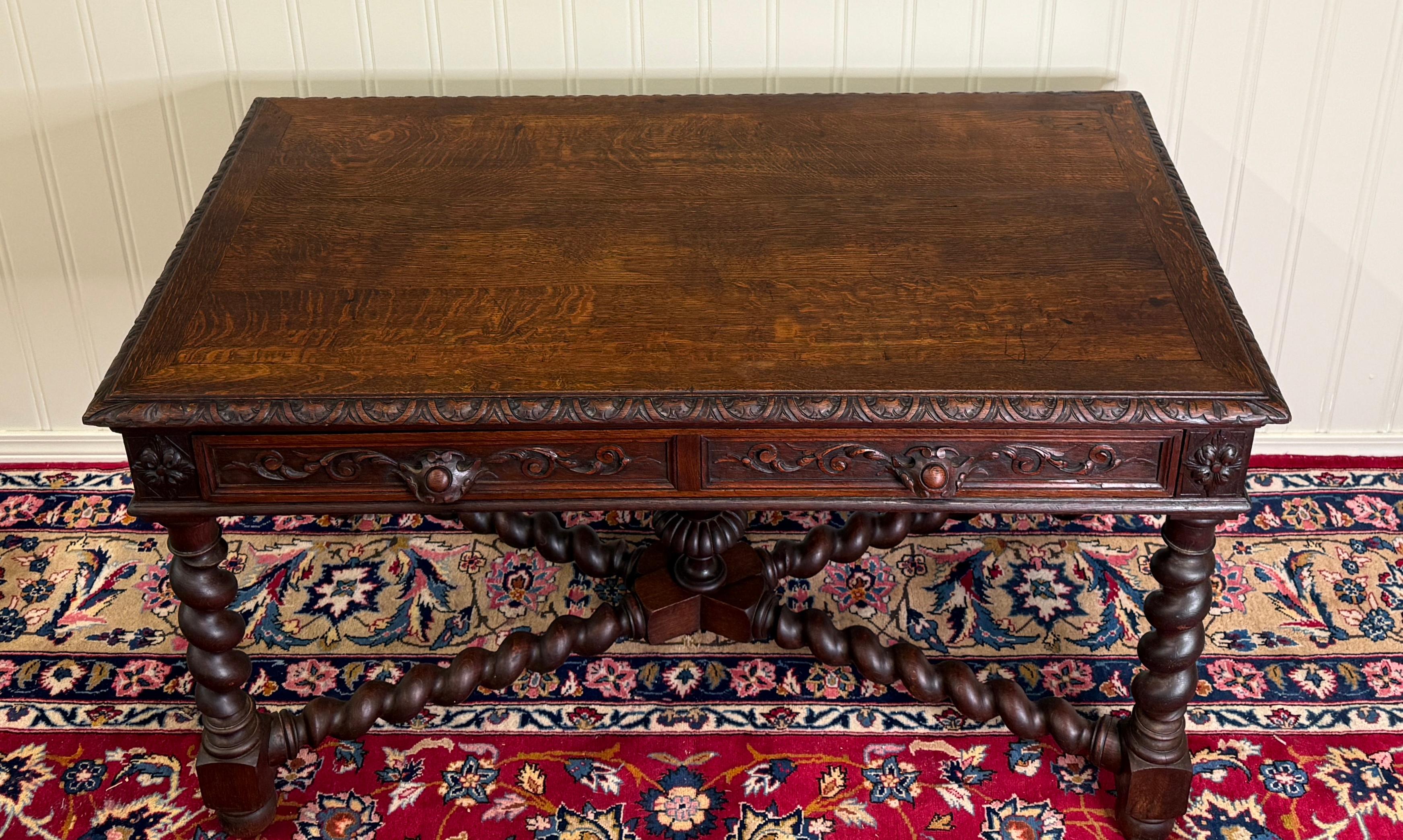 Antique French Desk Schreibtisch Barley Twist Renaissance Revival Tiger Oak im Angebot 2
