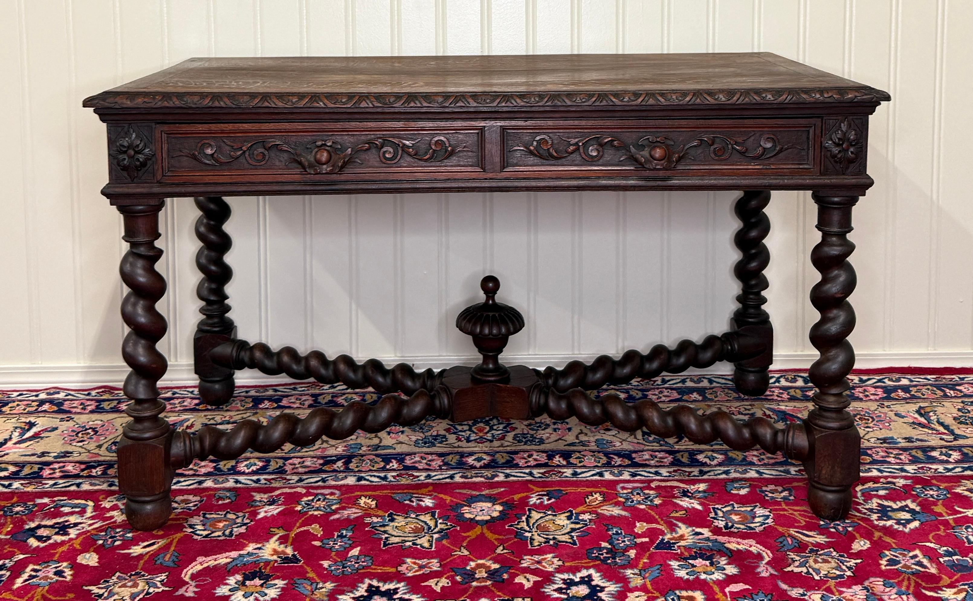 Antique French Desk Schreibtisch Barley Twist Renaissance Revival Tiger Oak im Angebot 4