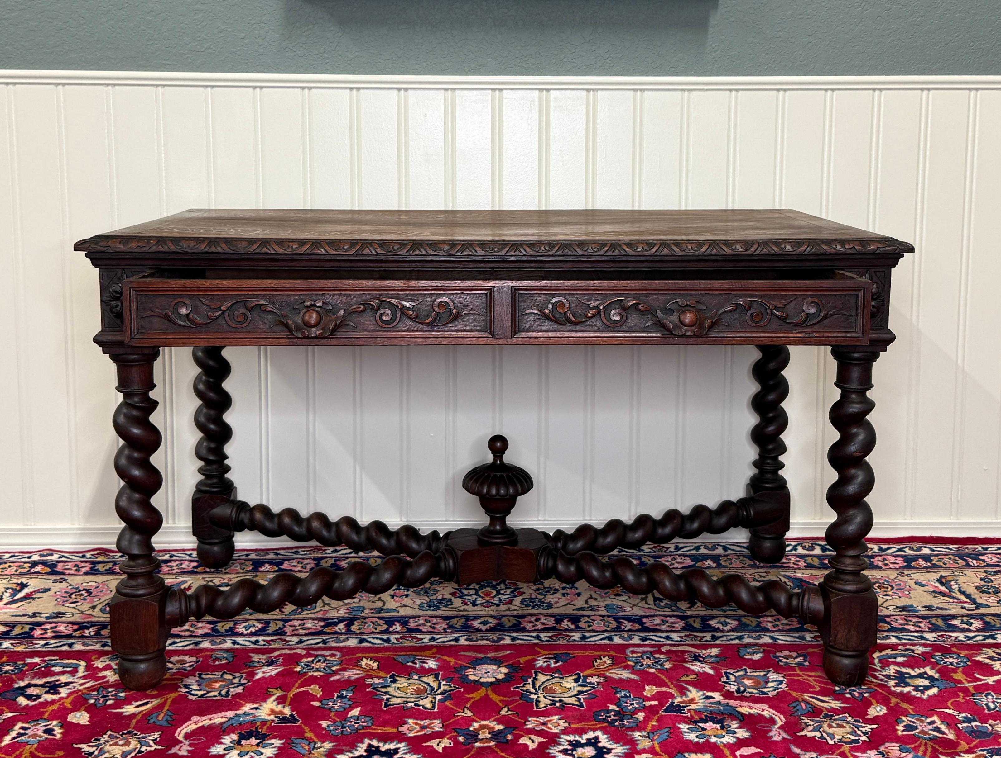 Antique French Desk Schreibtisch Barley Twist Renaissance Revival Tiger Oak im Angebot 5