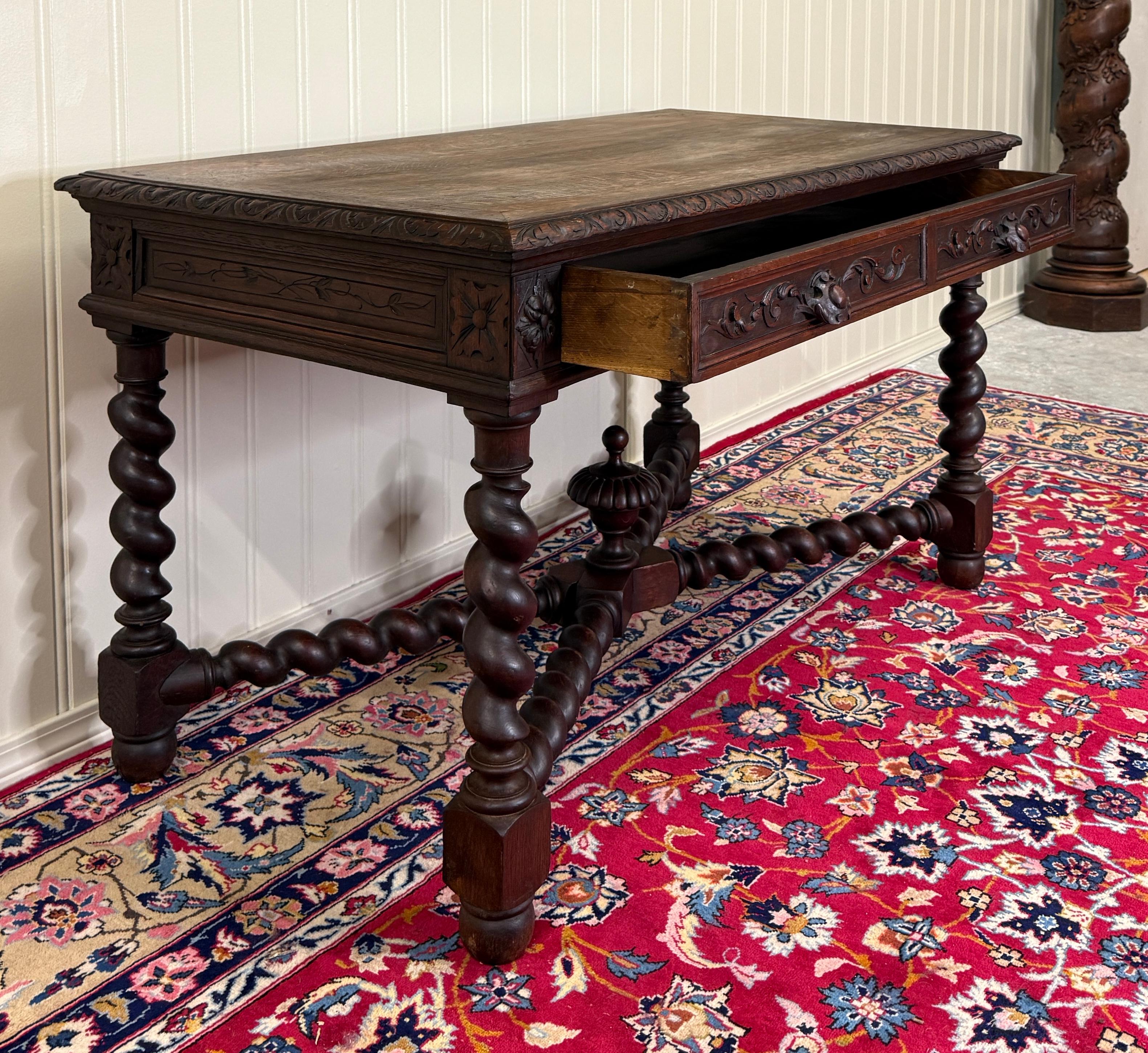 Antique French Desk Schreibtisch Barley Twist Renaissance Revival Tiger Oak im Angebot 6