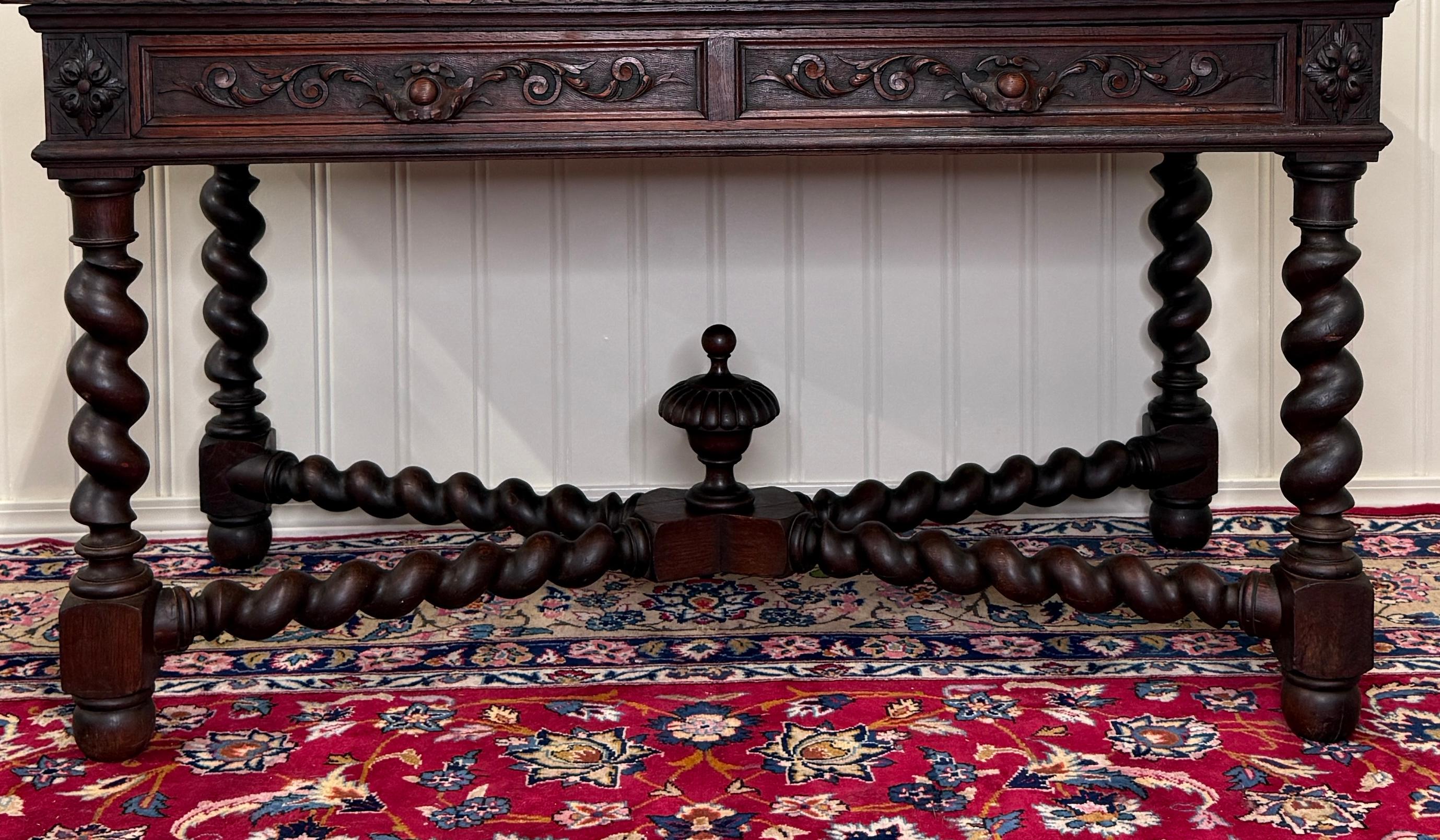 Antique French Desk Schreibtisch Barley Twist Renaissance Revival Tiger Oak im Angebot 8