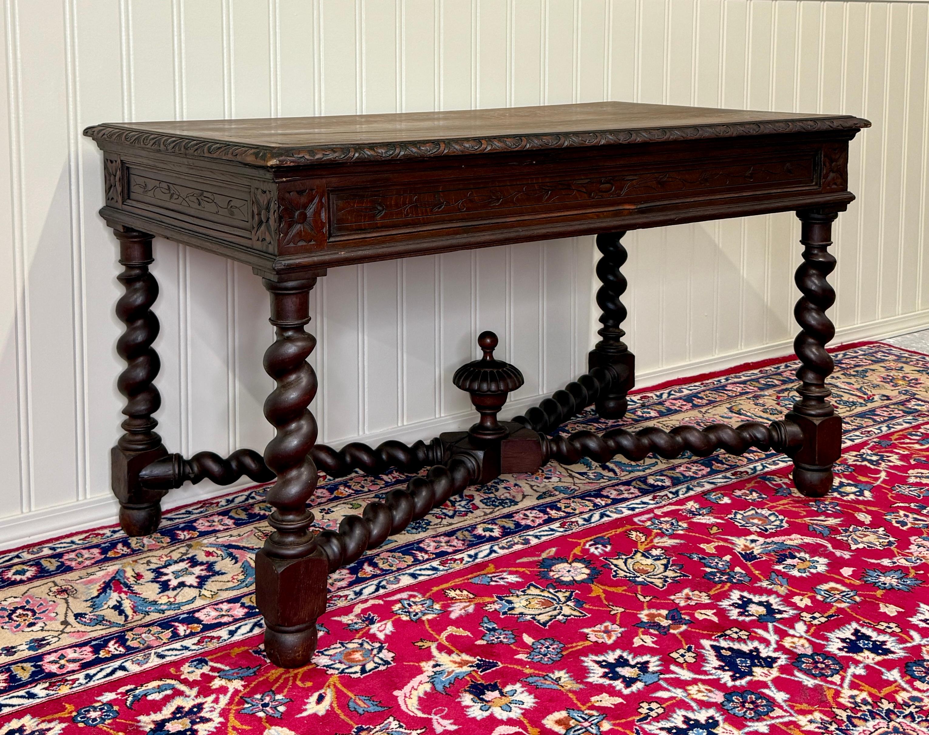 Antique French Desk Schreibtisch Barley Twist Renaissance Revival Tiger Oak im Angebot 10